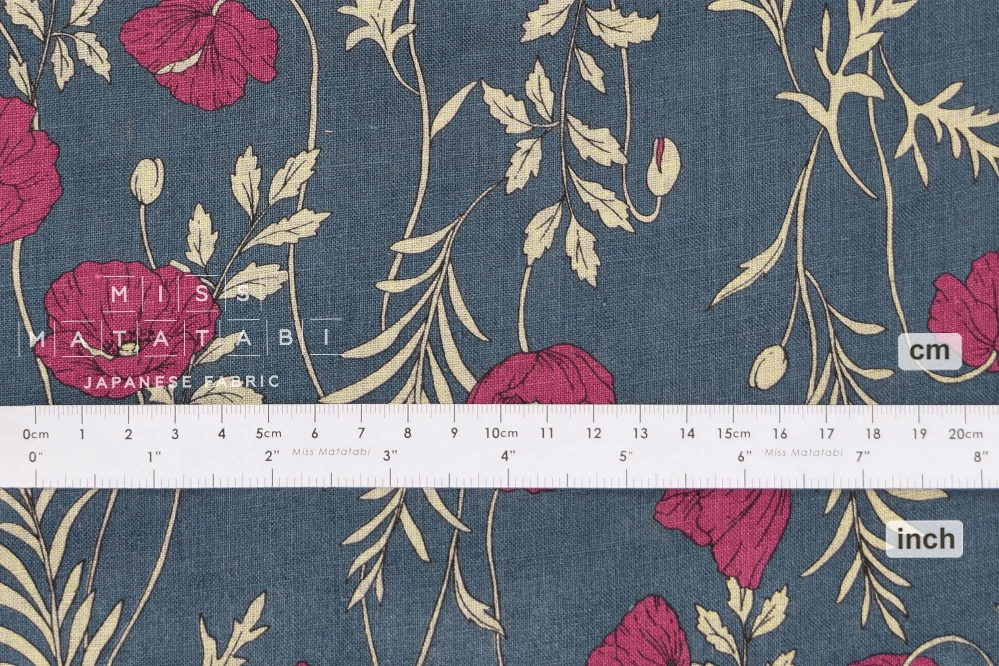 100% linen Poppies II - blue, magenta