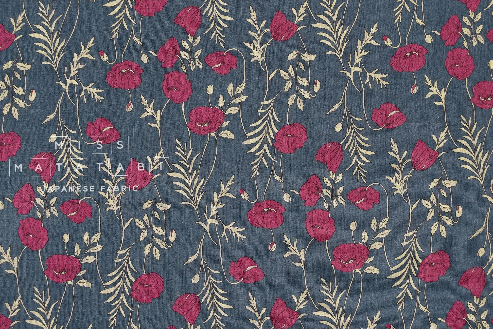 100% linen Poppies II - blue, magenta