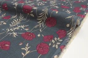 100% linen Poppies II - blue, magenta