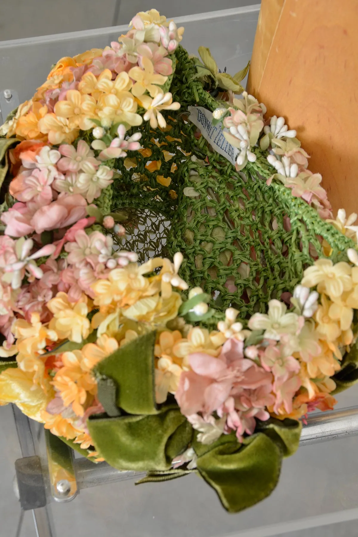 1950s Autumn Cascading Flowers Velvet Bows Crochet Garden Hat