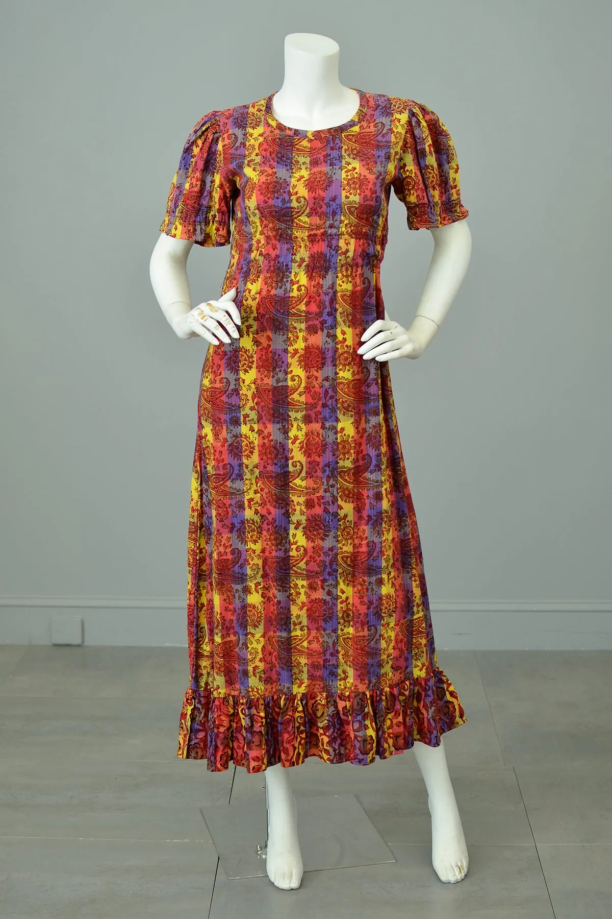 1970s Sunset Hues Puff Sleeve Paisley Print Peasant Dress