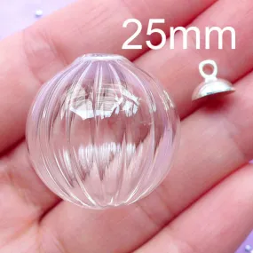 25mm Glass Orb with Fluted Pattern | Kawaii Glass Bubble with Silver Cap | Glass Globe Pendant | Glass Ball Charm (1 Set)