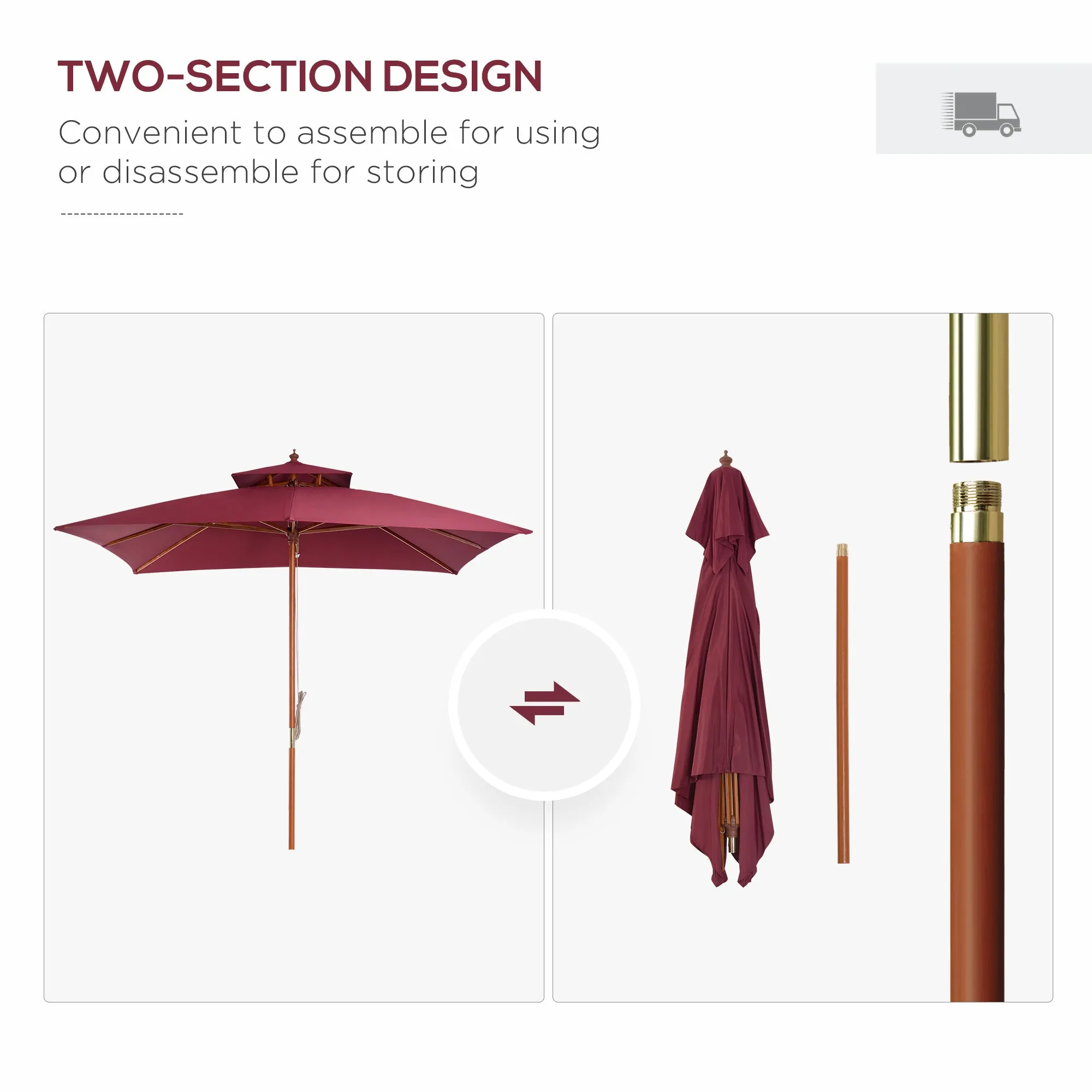 3 x 3 meter Patio Parasol Garden Umbrellas Sunshade Outdoor Wood Wooden Parasol Canopy Double Tier Wine Red