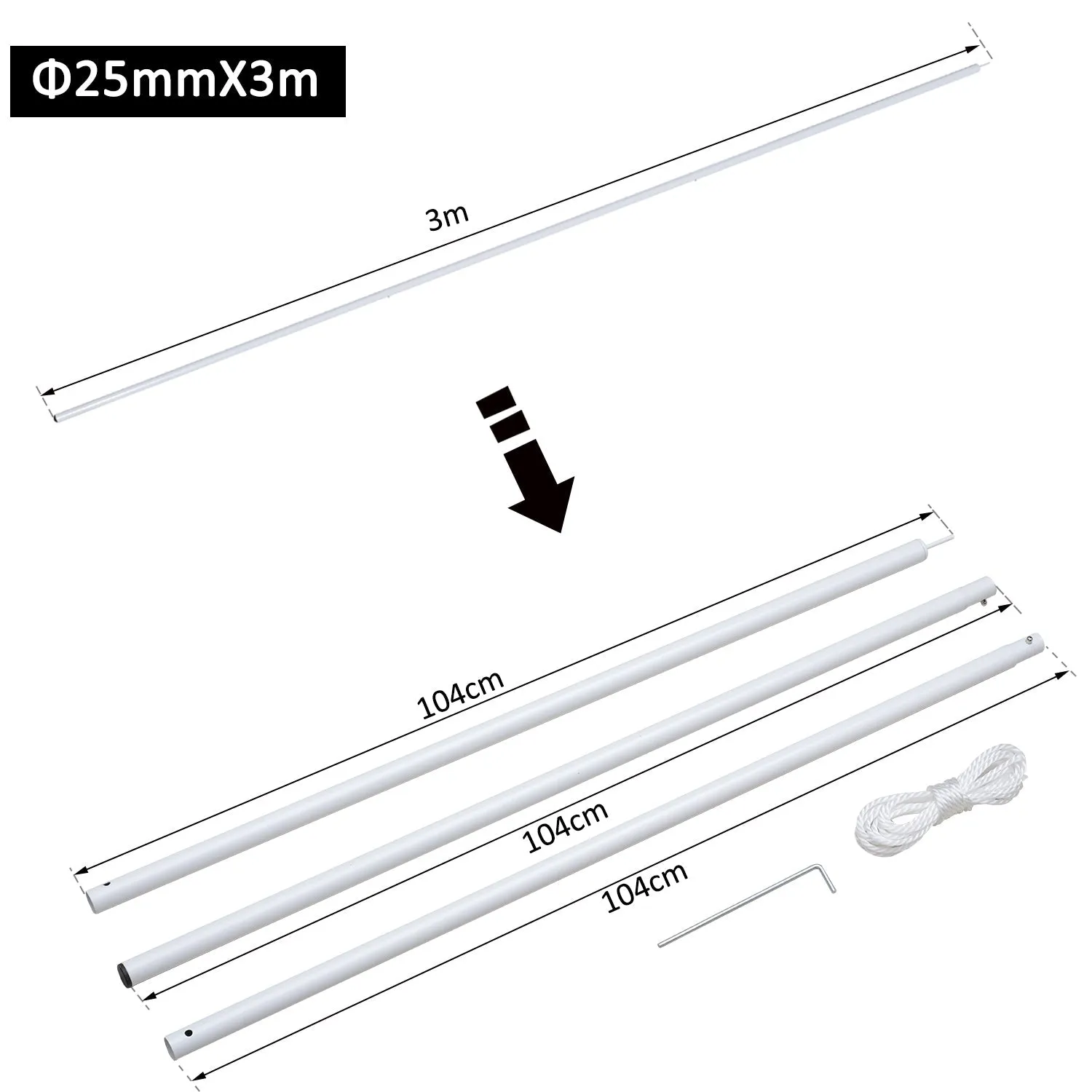 3M Awning Sail Shade Canopy Pole Kit Adjustable Pole With Rope Metal - White