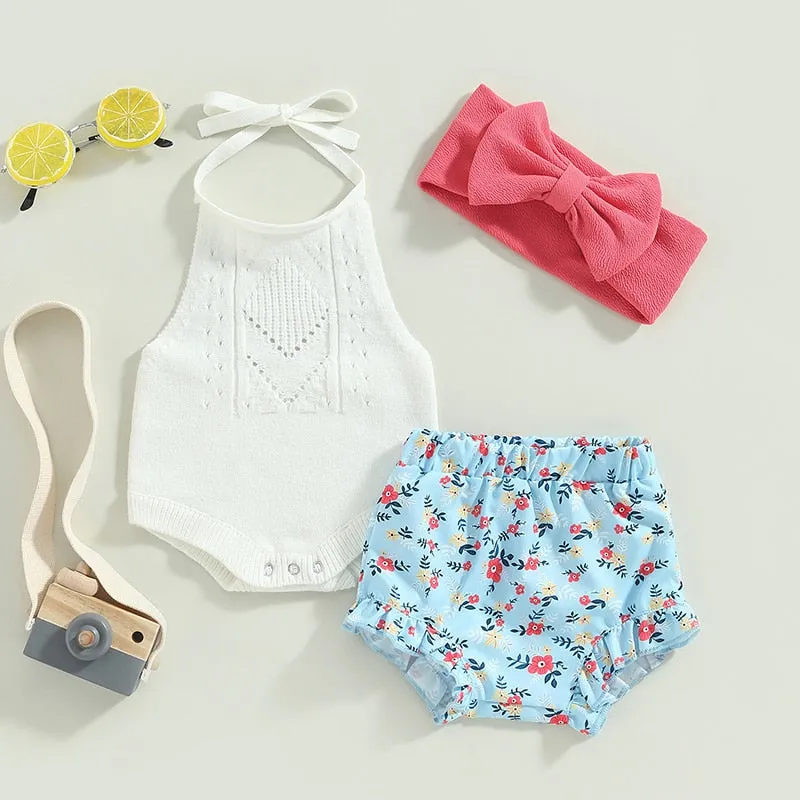 3Pcs Floral Romper Set w/Headband