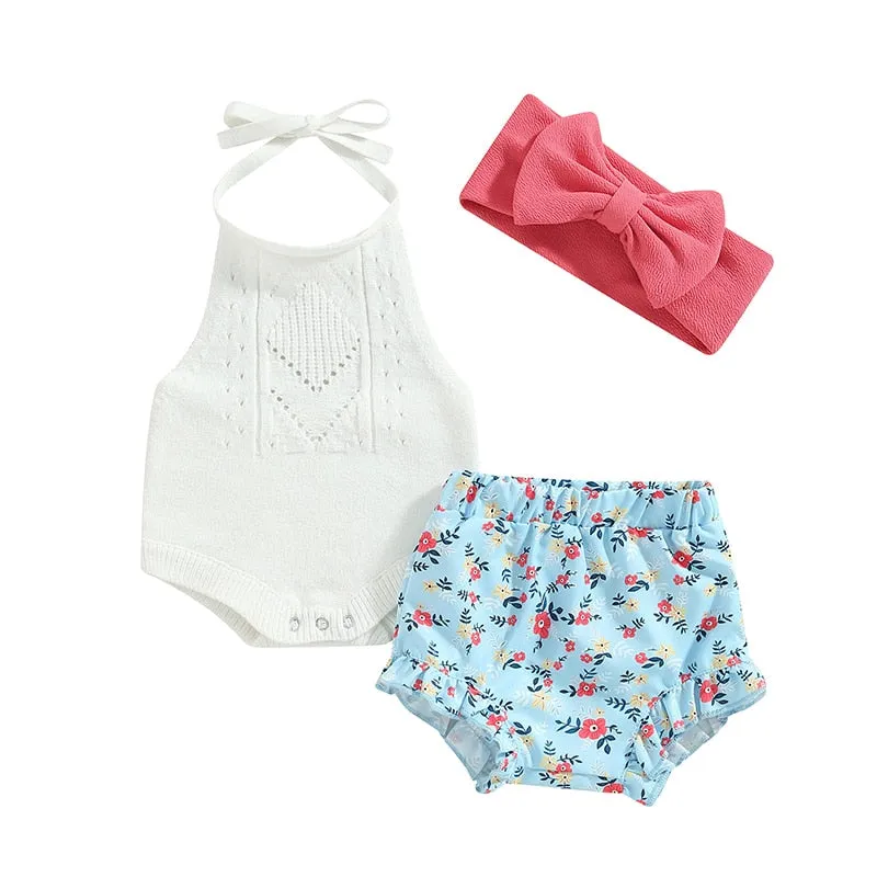 3Pcs Floral Romper Set w/Headband