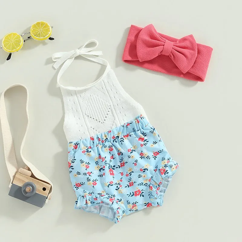 3Pcs Floral Romper Set w/Headband