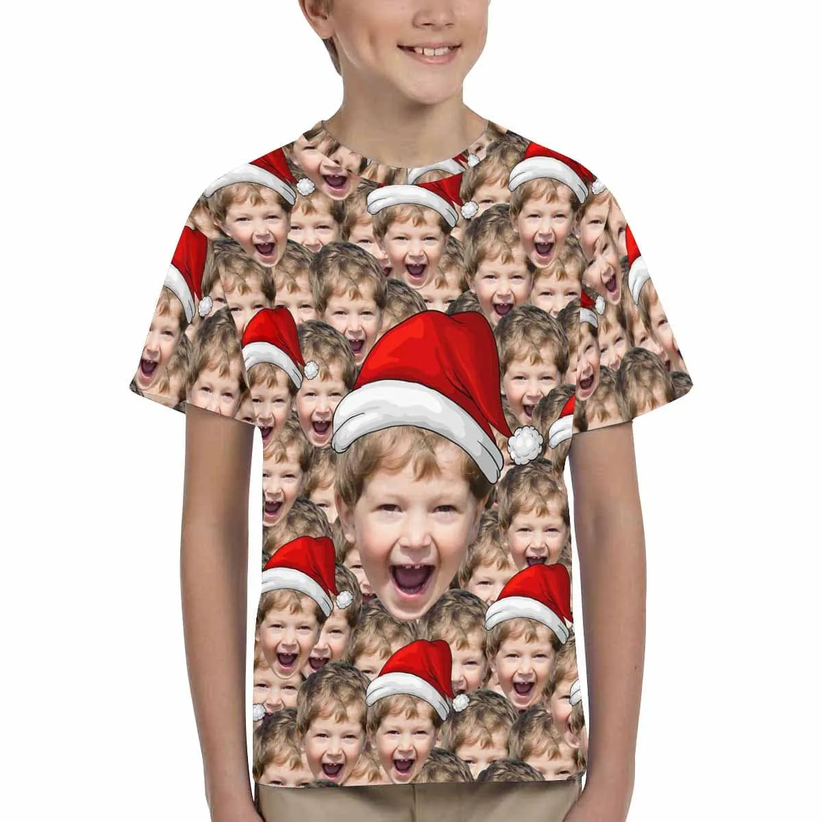 #6-15Y Custom Face Seamless Christmas Hat Cute Boy Kid's All Over Print T-shirt