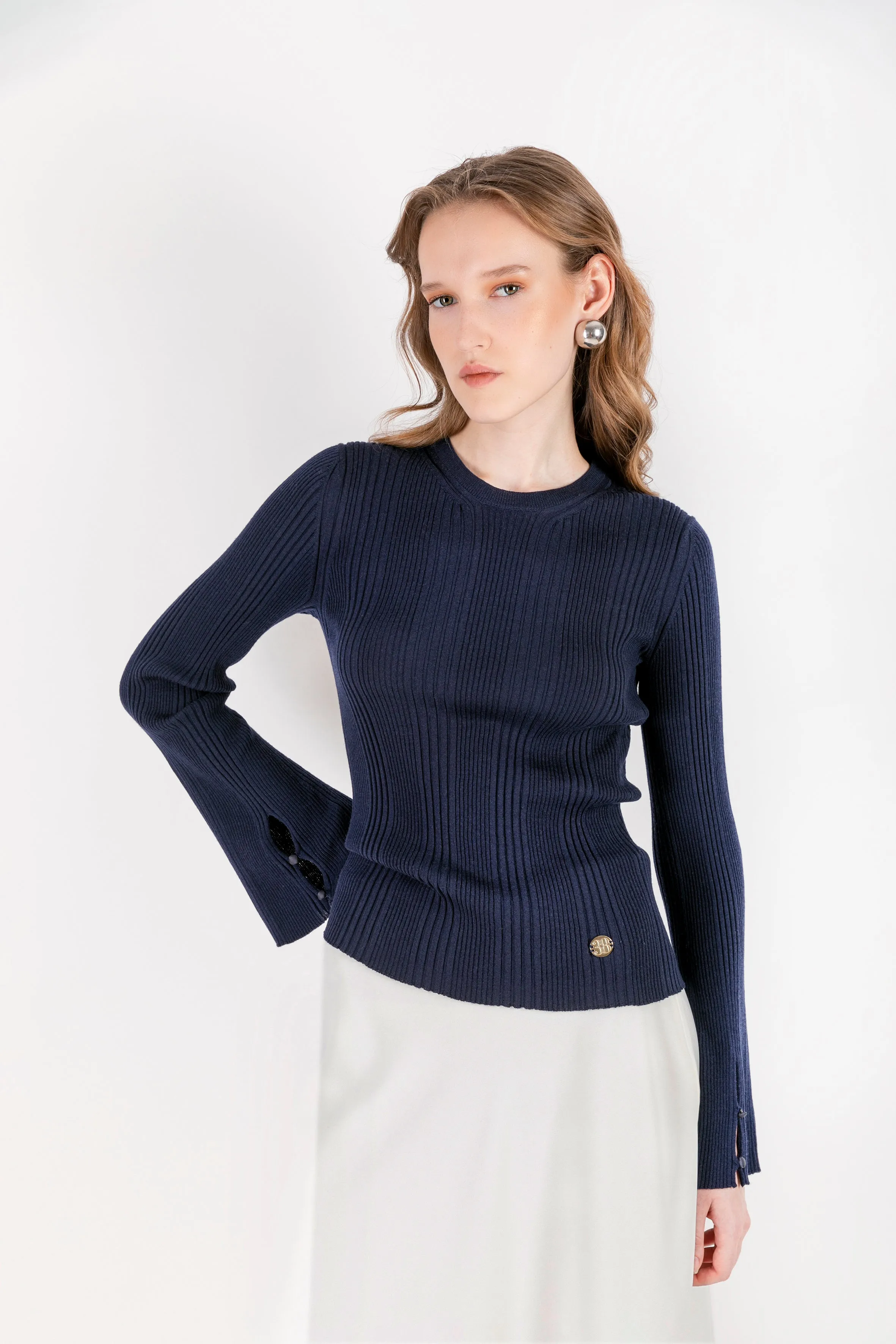 Ayla - 100% Wool Navy Blue Sweater with Camisole Detail