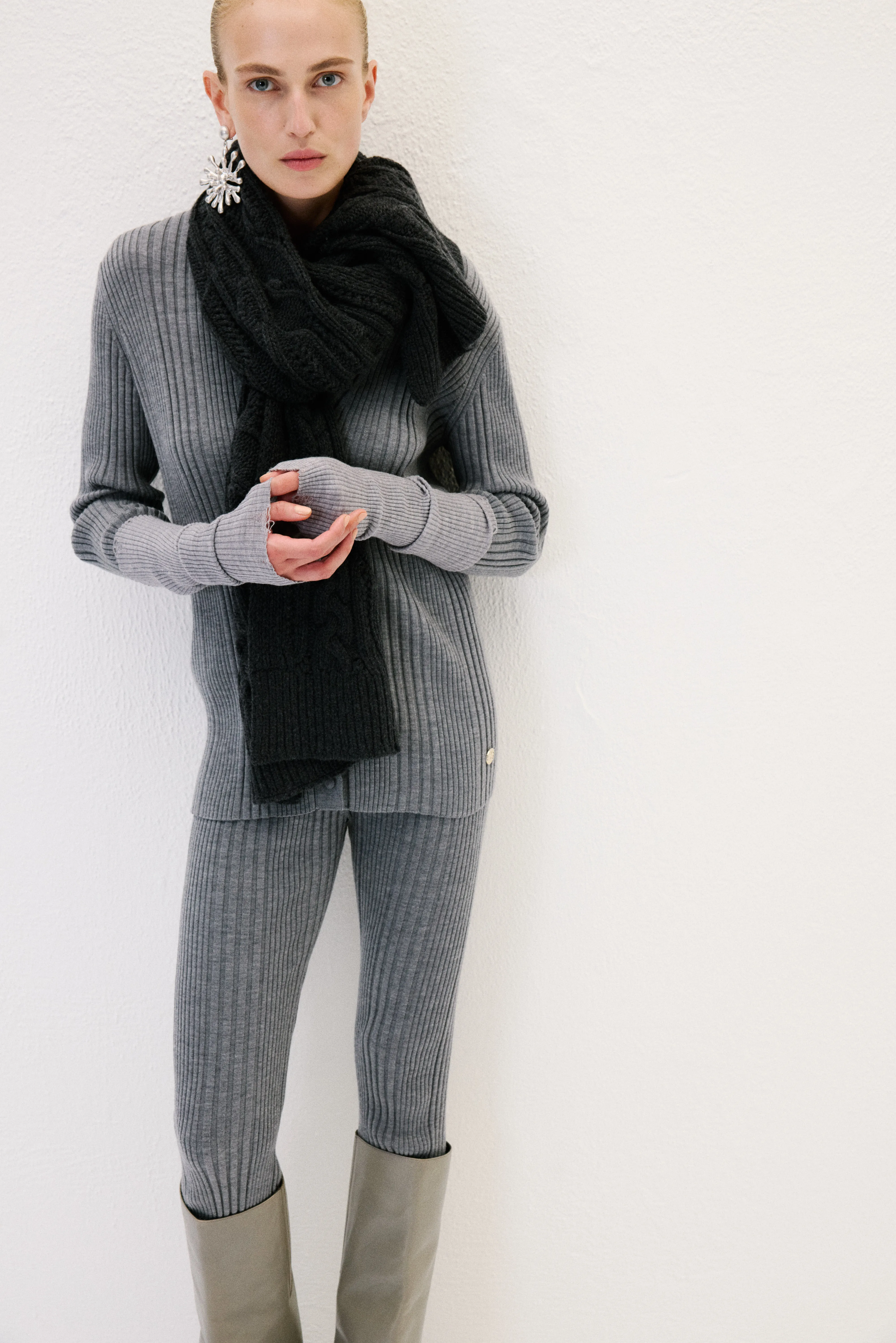 Azade - 100% Wool Gray Cardigan with Camisole Detail