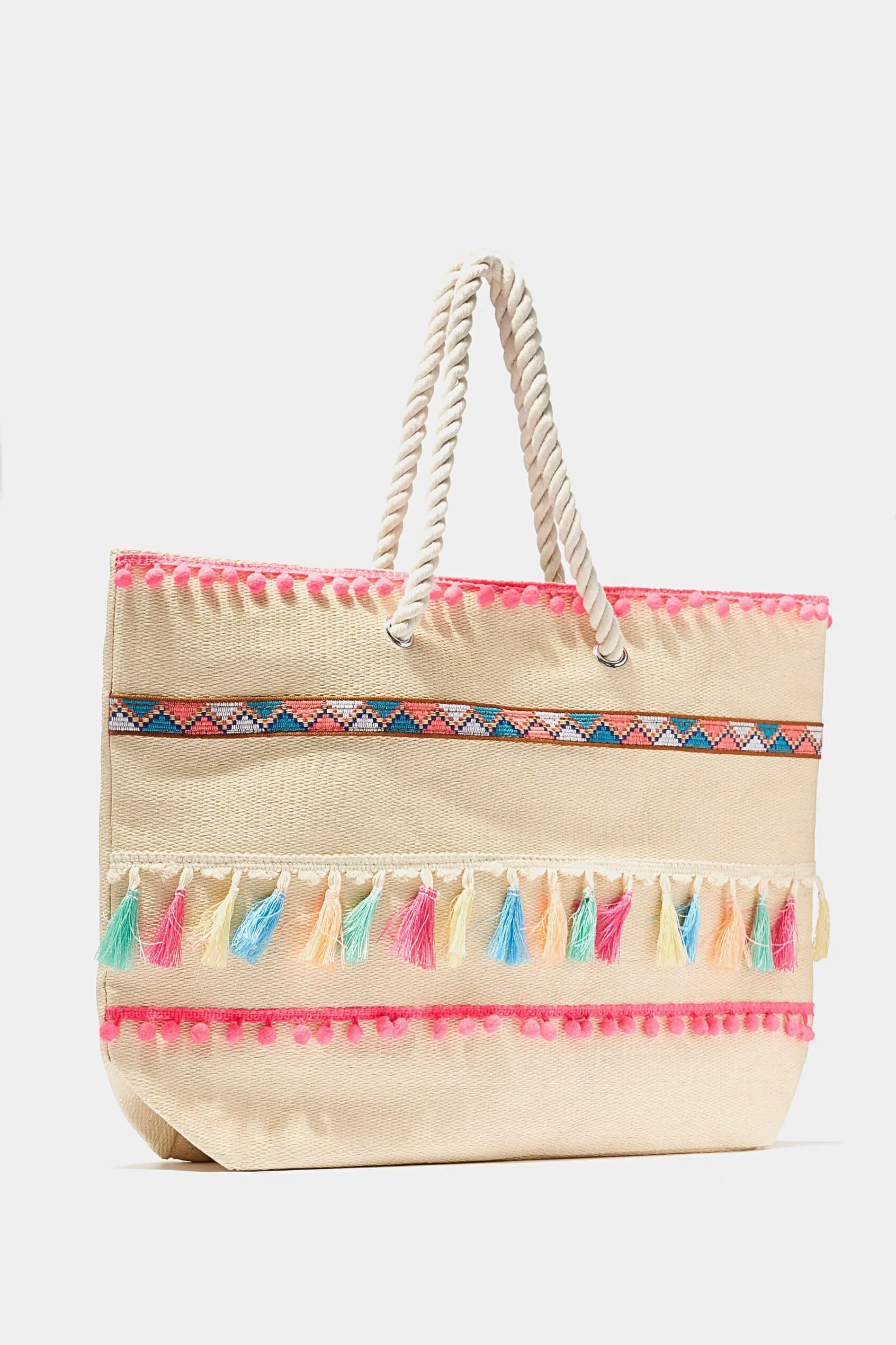 Beige Straw Tassel Beach Bag