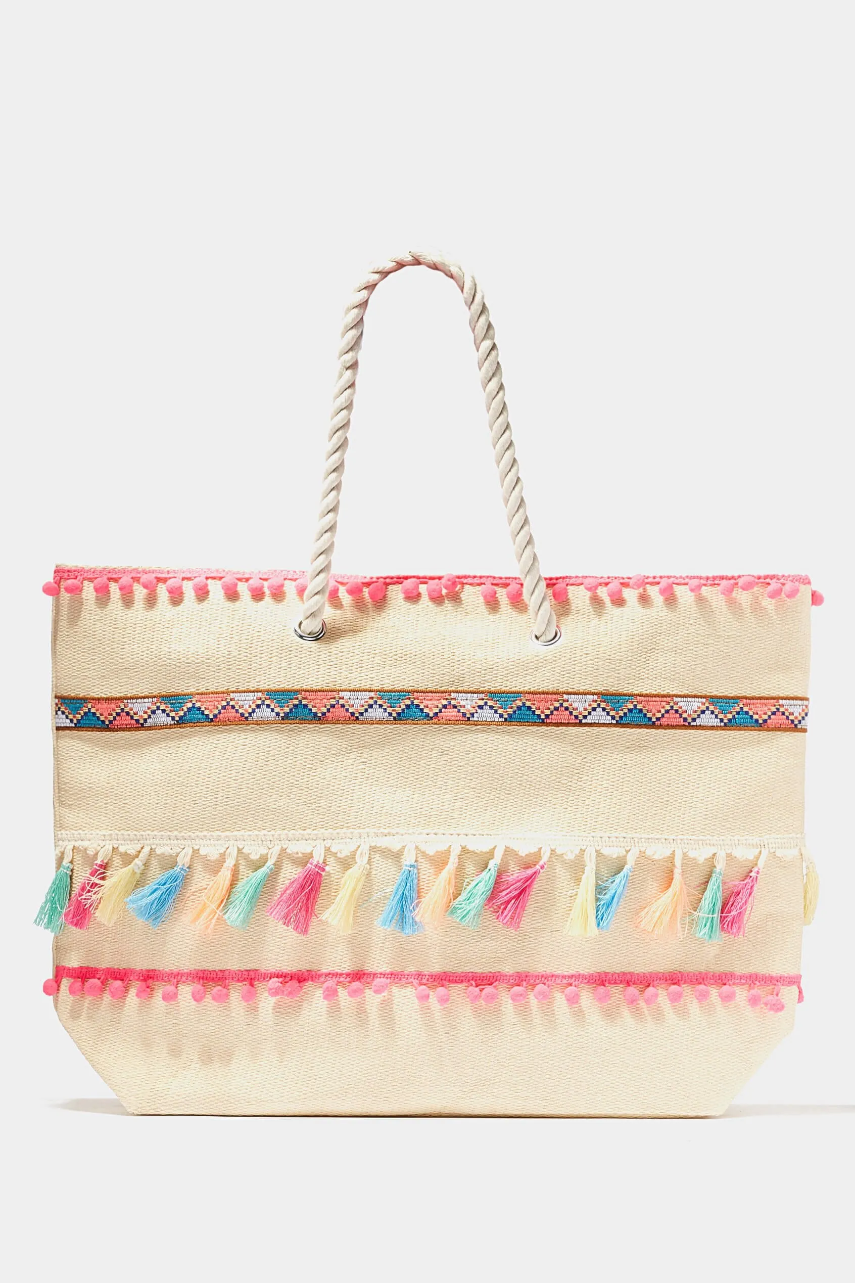 Beige Straw Tassel Beach Bag