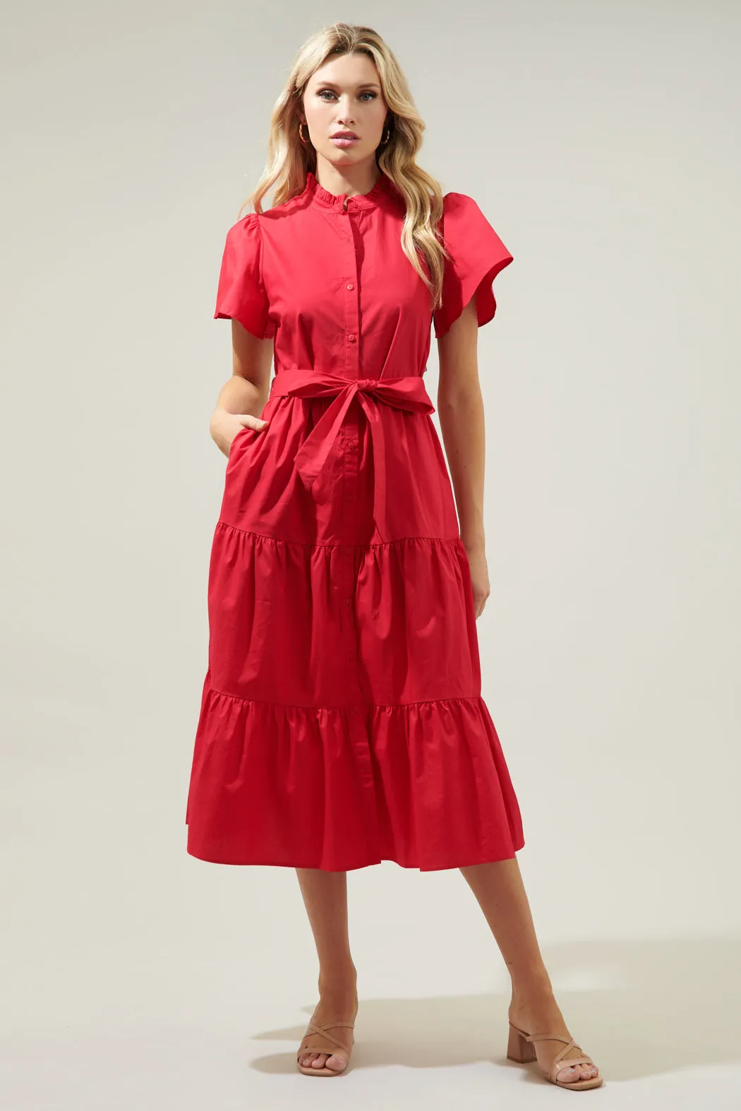 Bellucci Poplin Button Front Tiered Midi Dress