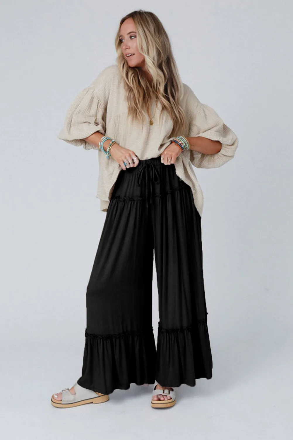 Black Frilled Drawstring High Waist Wide Leg Pants