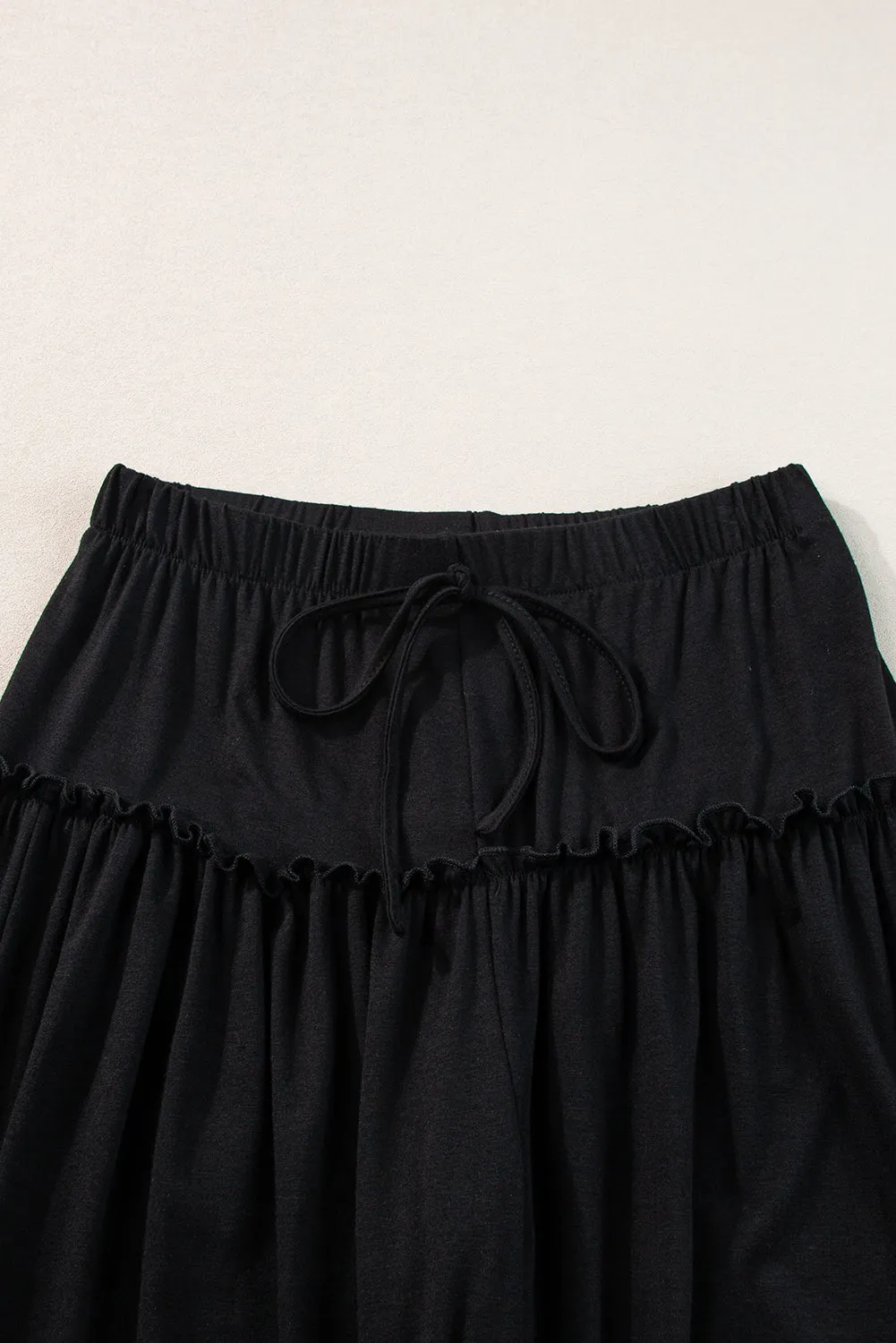 Black Frilled Drawstring High Waist Wide Leg Pants