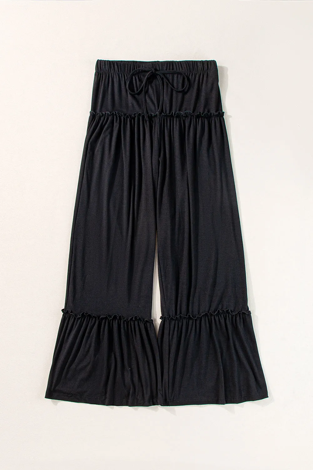 Black Frilled Drawstring High Waist Wide Leg Pants