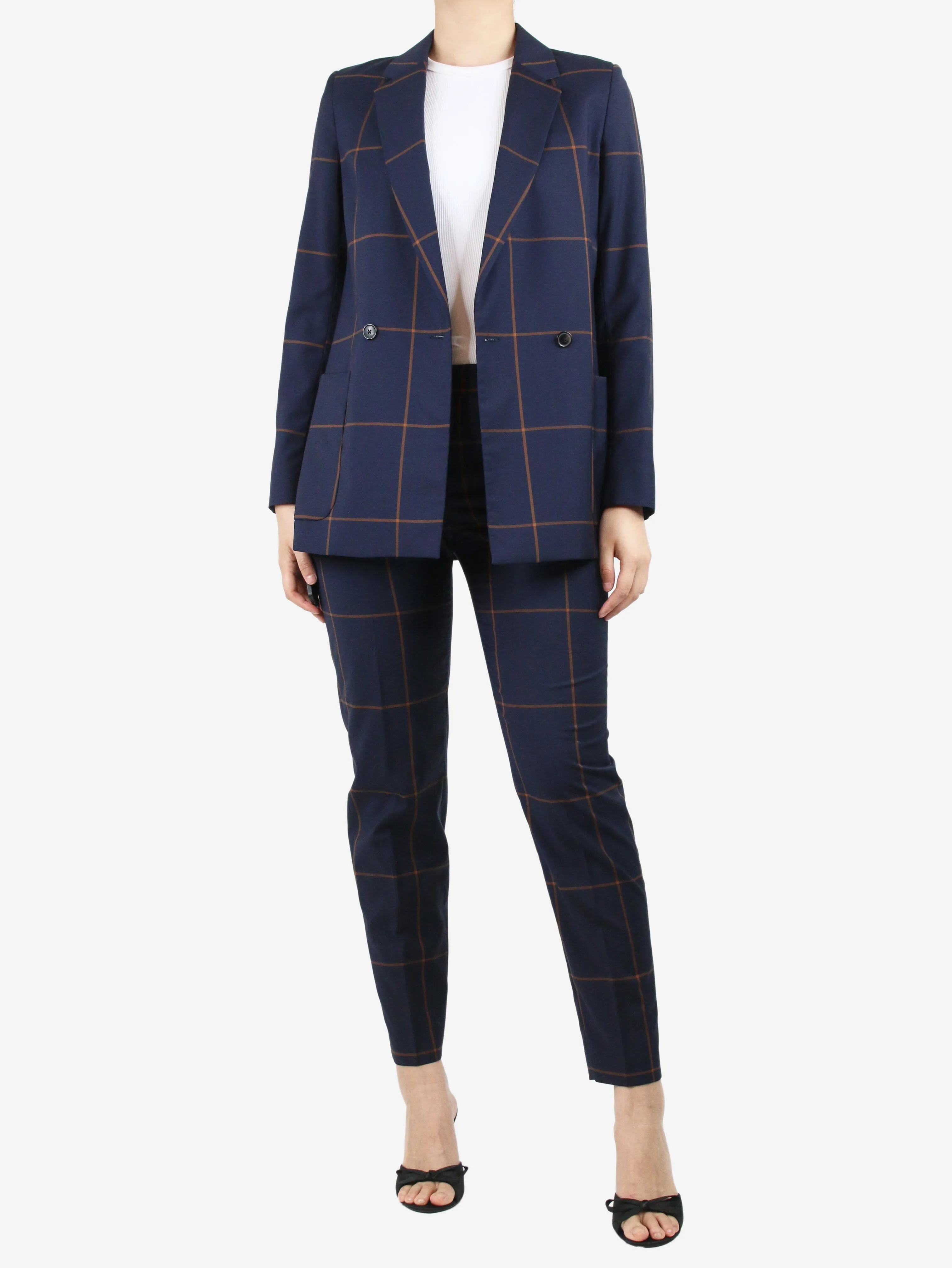 Blue check wool blazer and trouser suit set - size UK 8