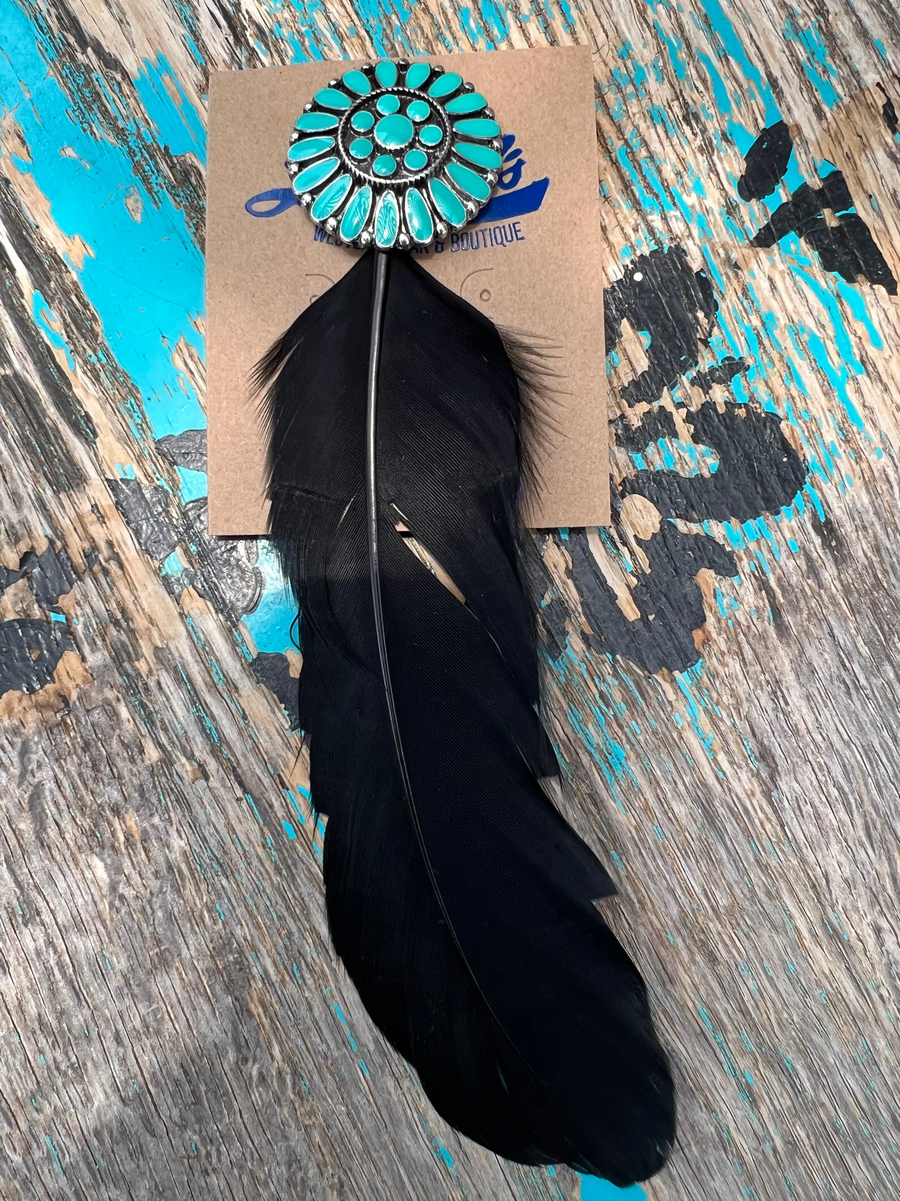 Concho & Turquoise Black Feather Hat Pin