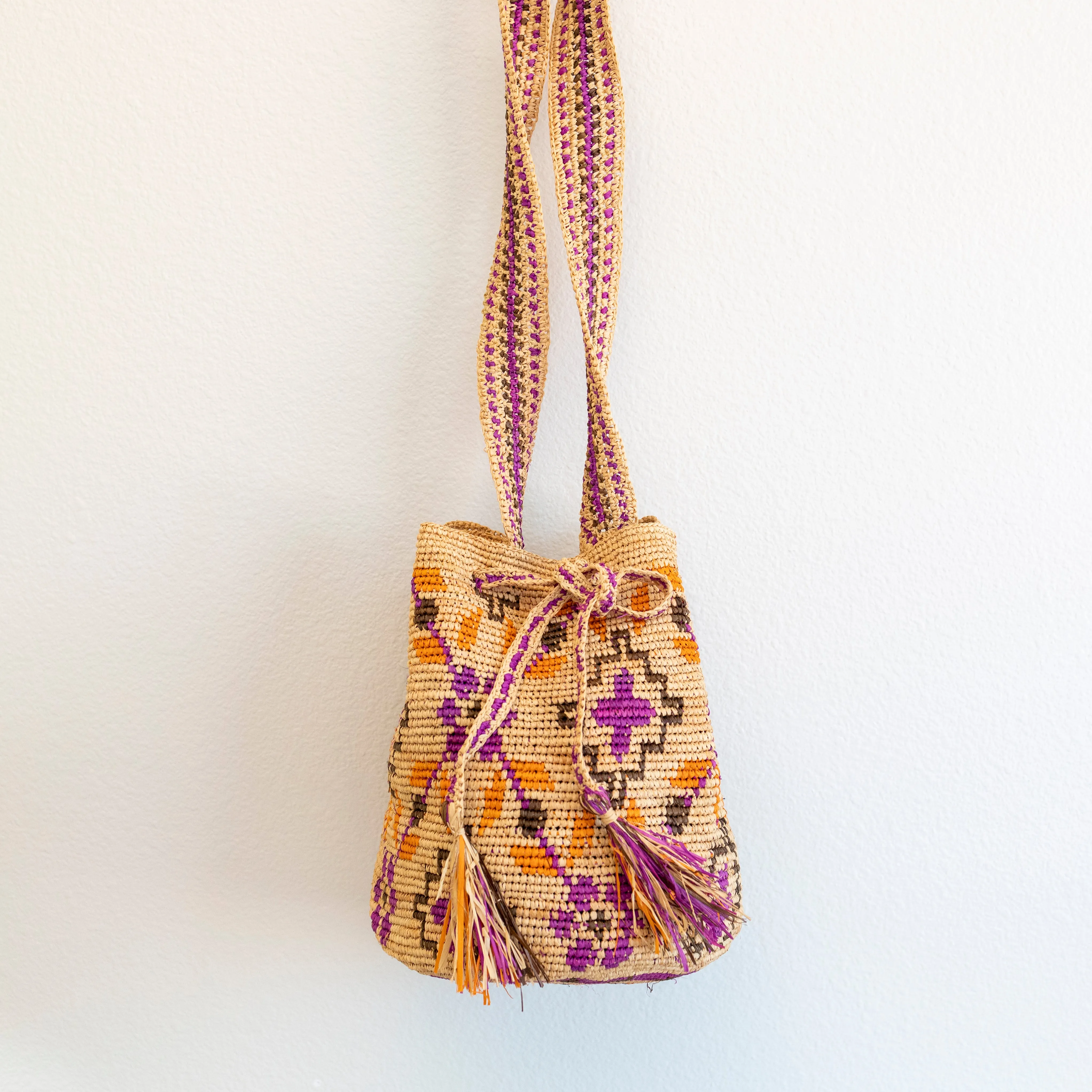 Elena Handbags Women's Raffia Straw Pink Wayuu Crossbody Bucket Bag