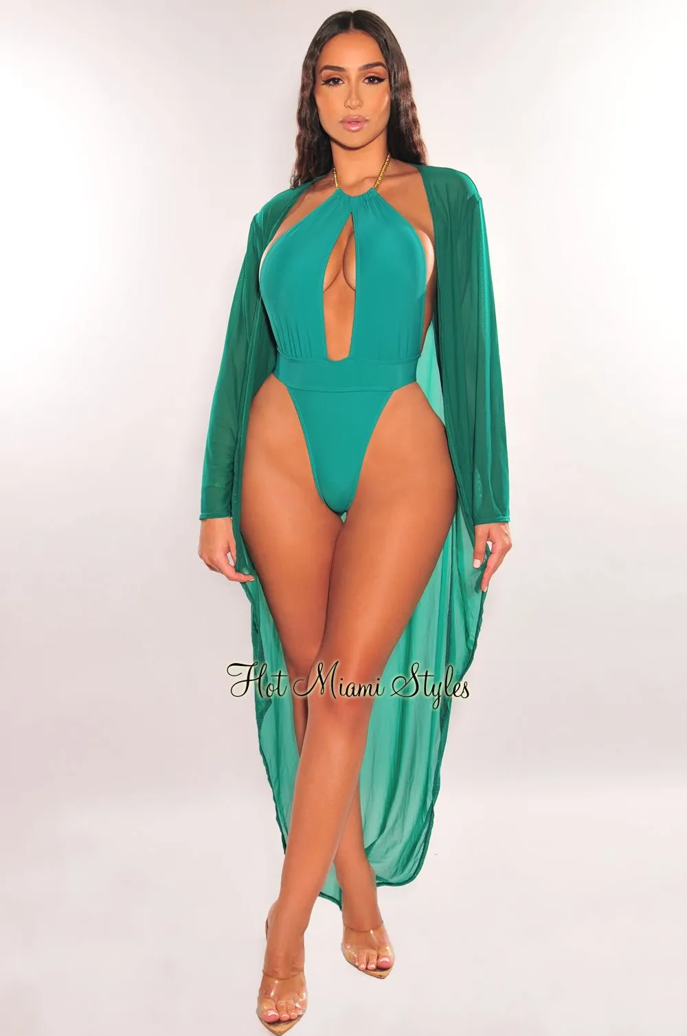 Emerald Mesh Long Sleeve High Low Cut Cover Up