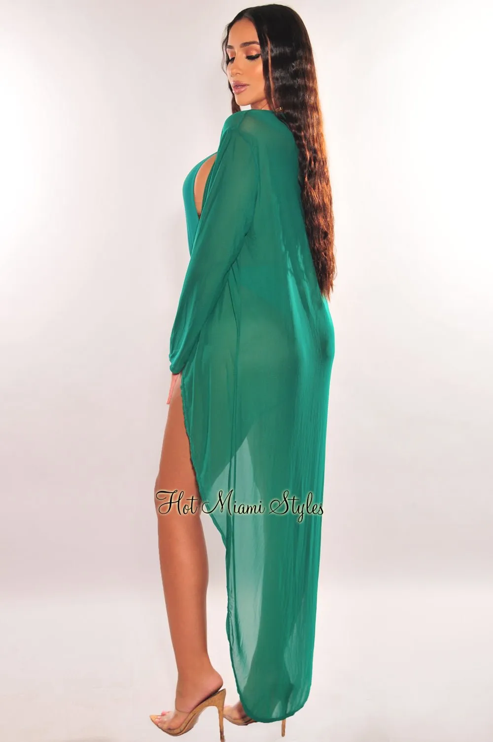 Emerald Mesh Long Sleeve High Low Cut Cover Up