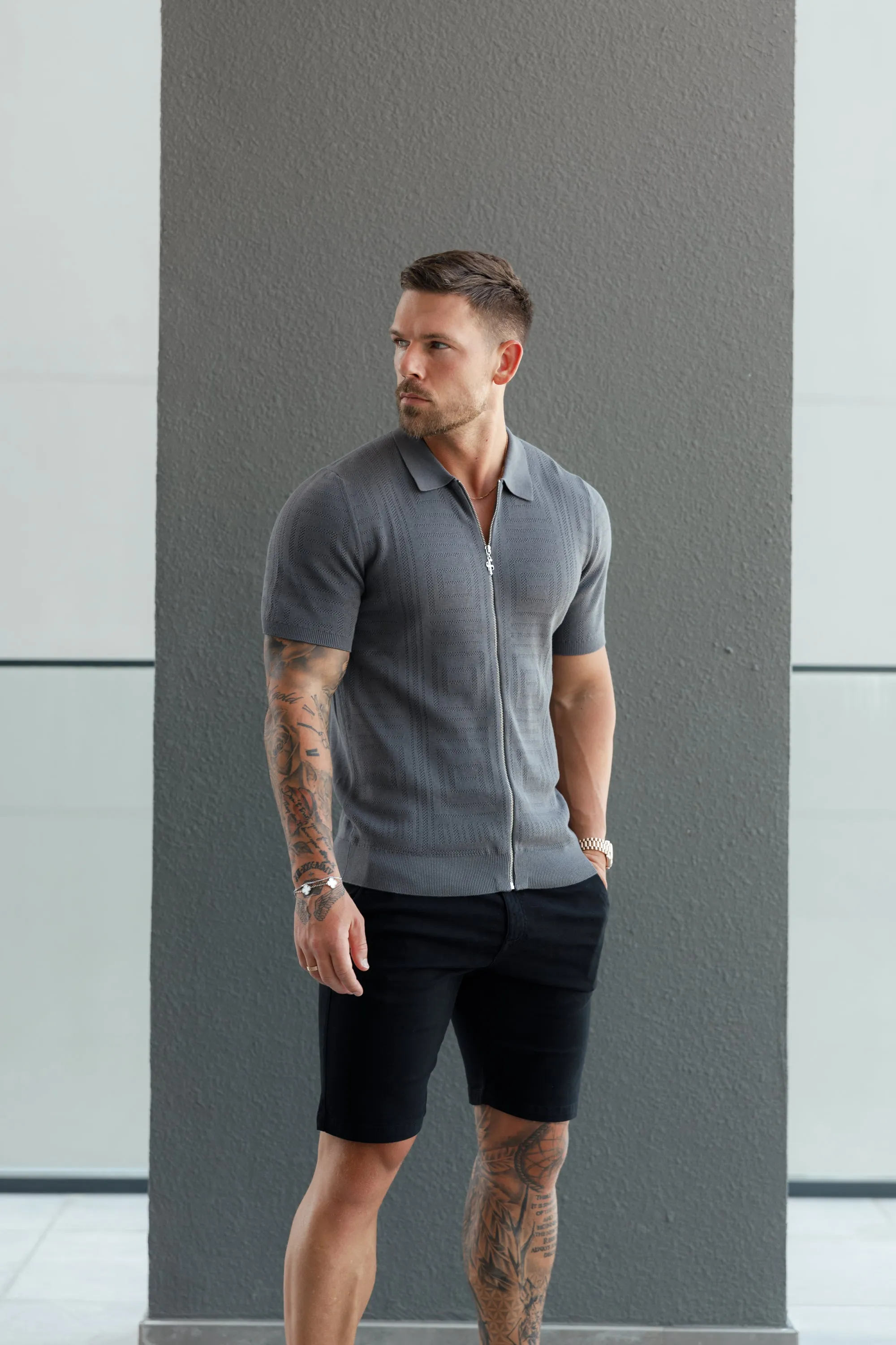 Father Sons Classic Knitted Geo Design With Full Length Zip Gunmetal Short Sleeve - FSN150