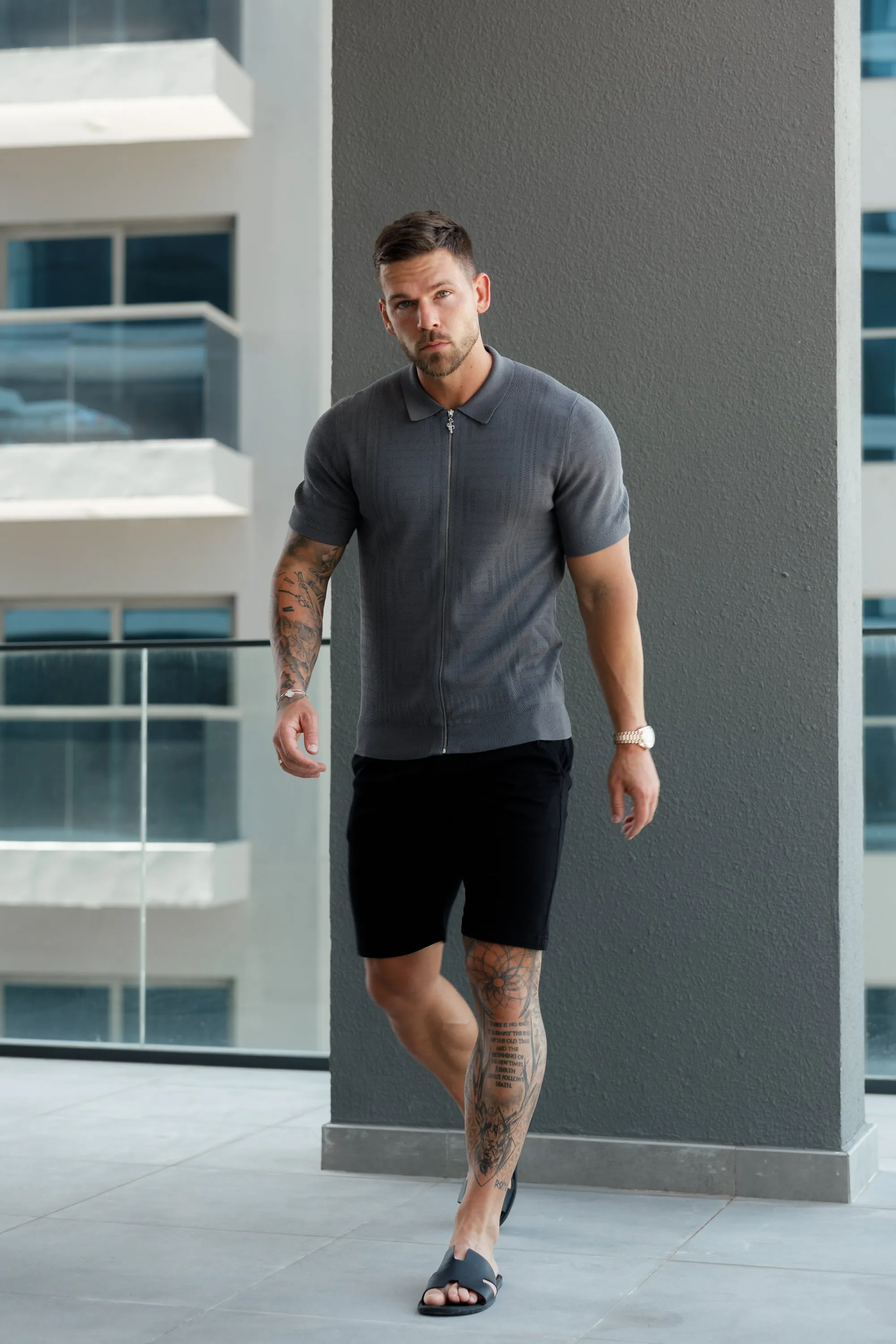 Father Sons Classic Knitted Geo Design With Full Length Zip Gunmetal Short Sleeve - FSN150