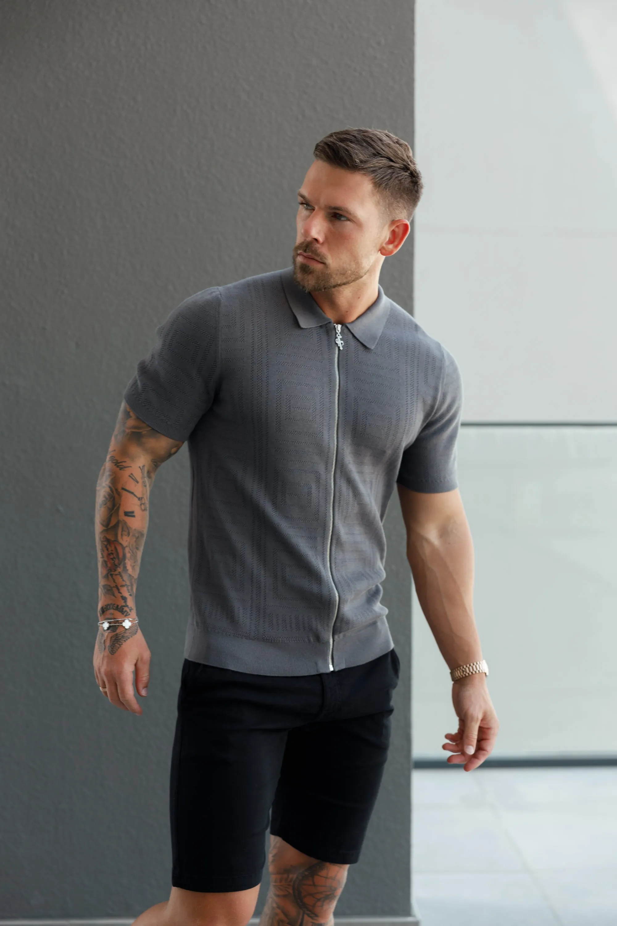 Father Sons Classic Knitted Geo Design With Full Length Zip Gunmetal Short Sleeve - FSN150