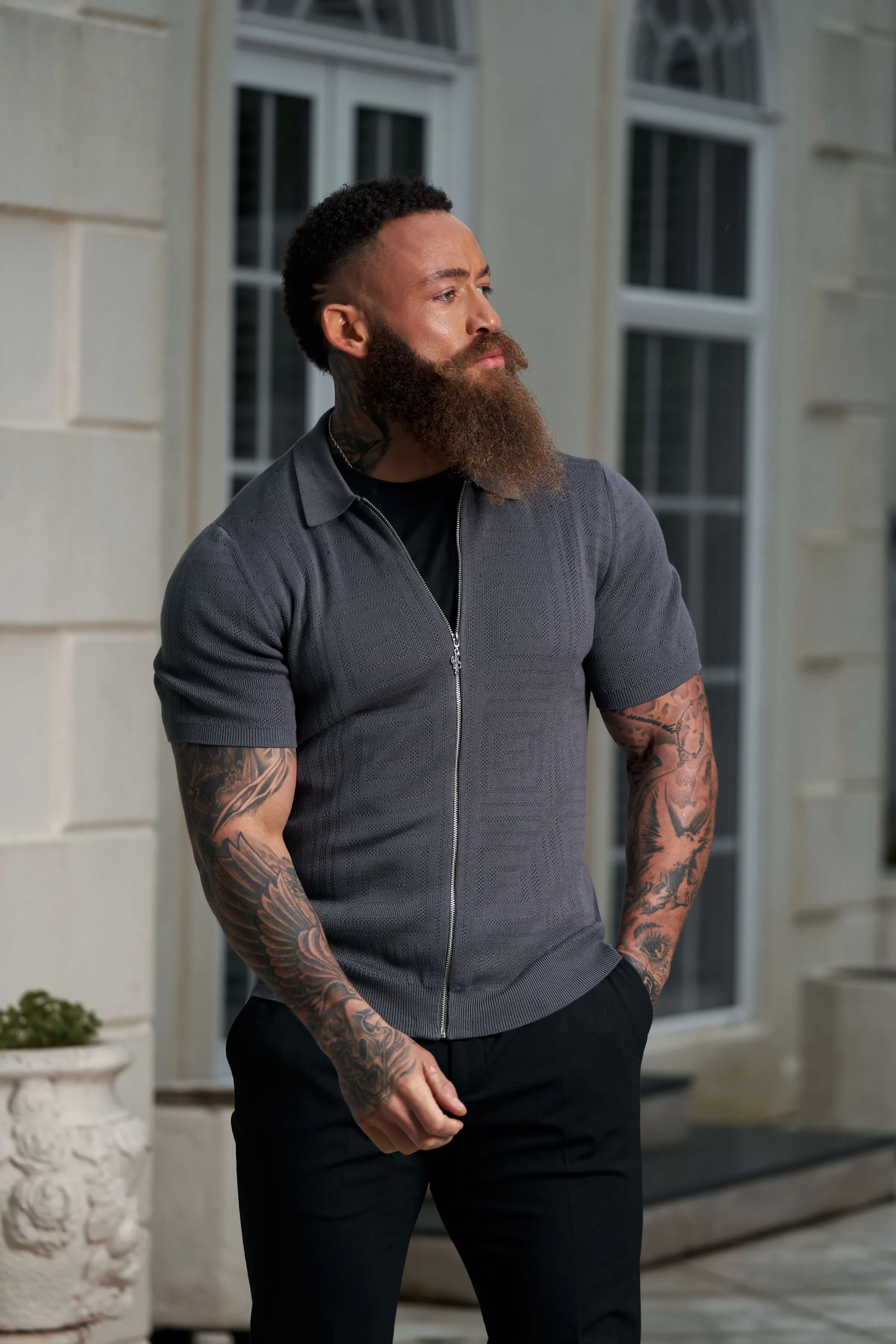 Father Sons Classic Knitted Geo Design With Full Length Zip Gunmetal Short Sleeve - FSN150