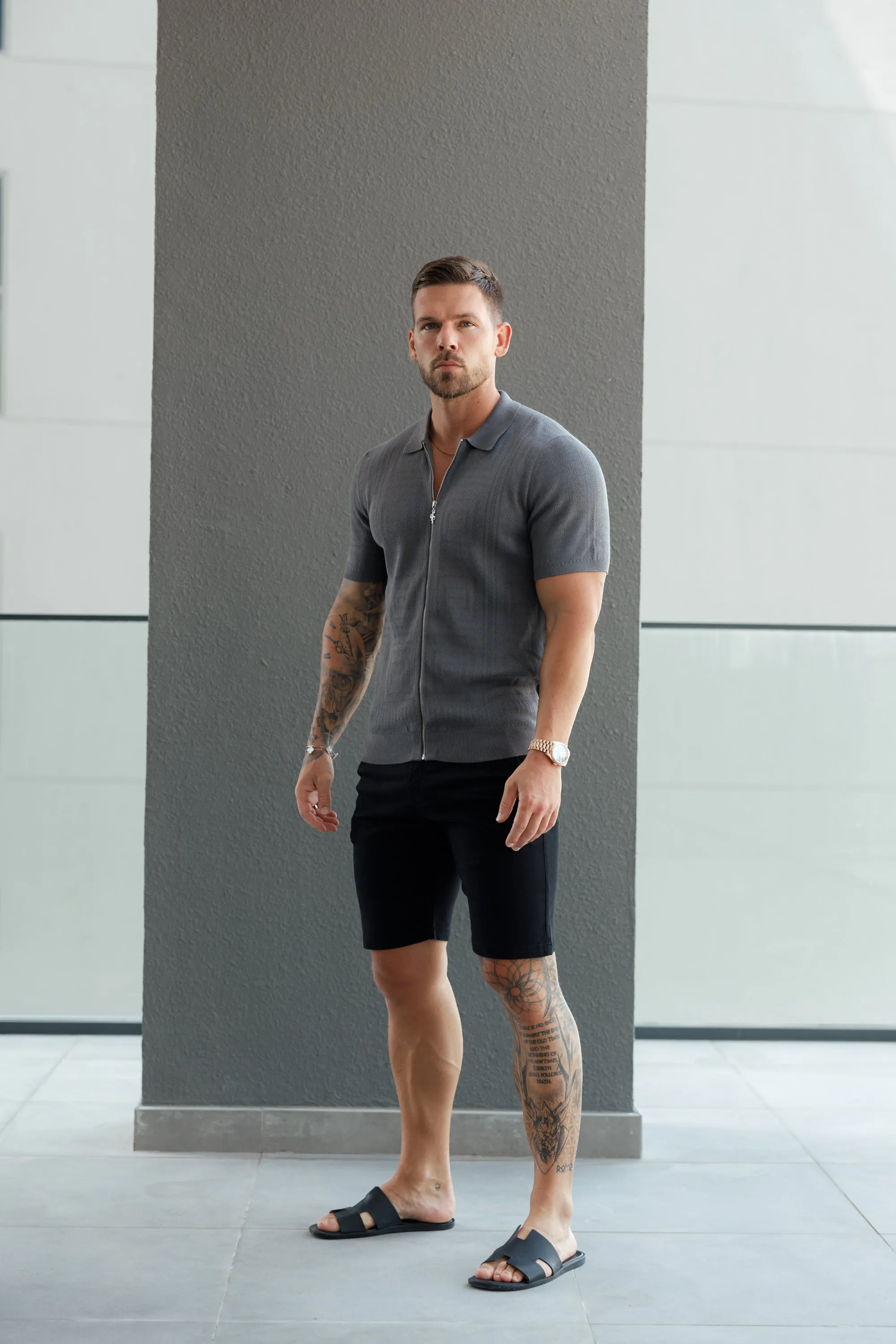 Father Sons Classic Knitted Geo Design With Full Length Zip Gunmetal Short Sleeve - FSN150