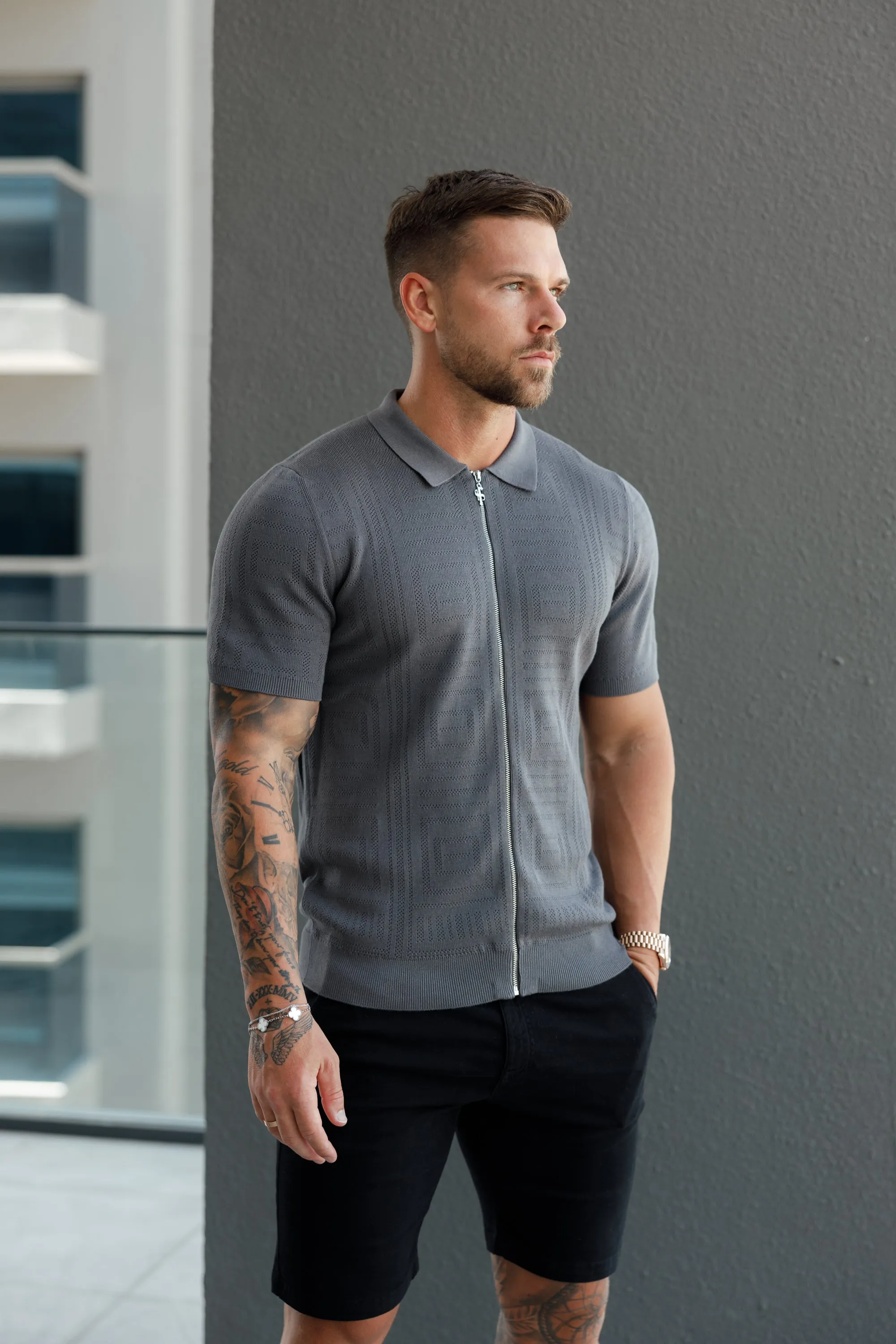 Father Sons Classic Knitted Geo Design With Full Length Zip Gunmetal Short Sleeve - FSN150