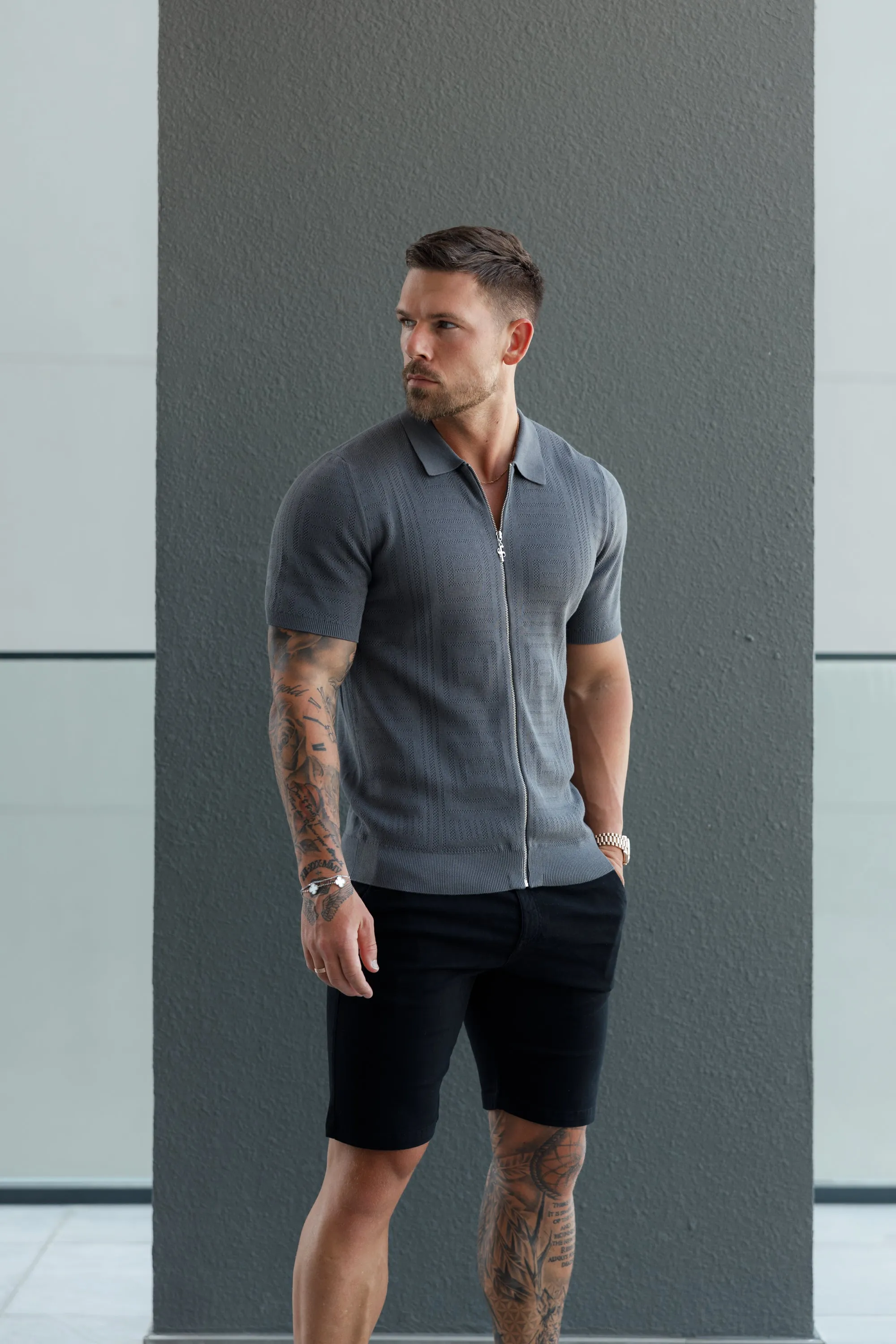 Father Sons Classic Knitted Geo Design With Full Length Zip Gunmetal Short Sleeve - FSN150