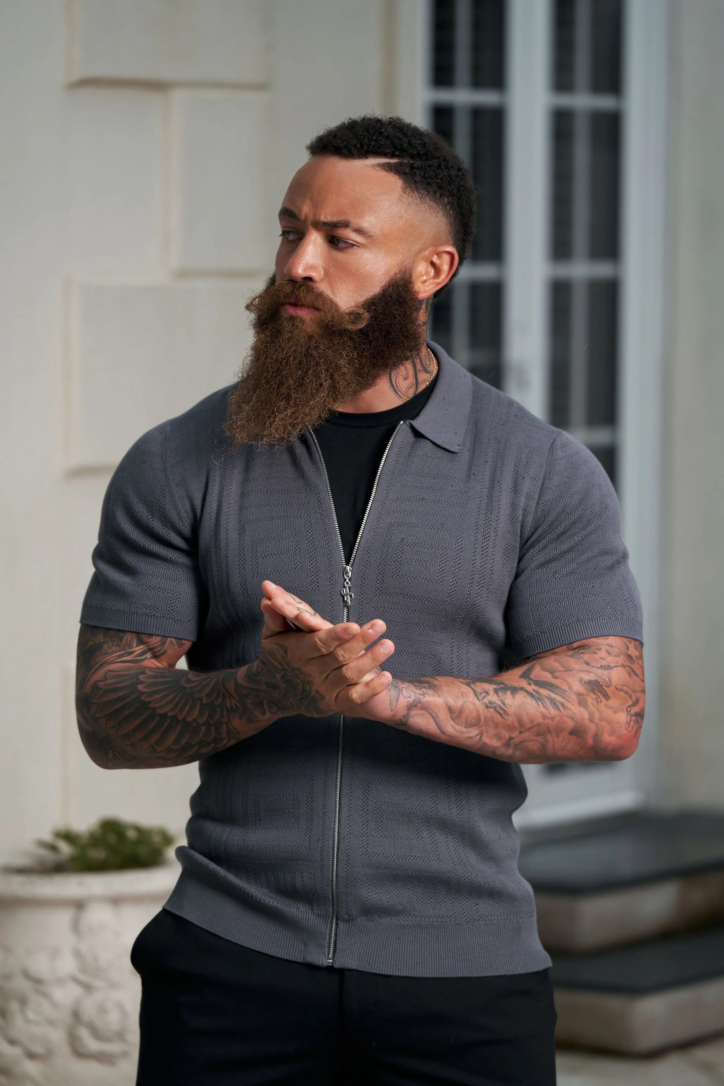 Father Sons Classic Knitted Geo Design With Full Length Zip Gunmetal Short Sleeve - FSN150