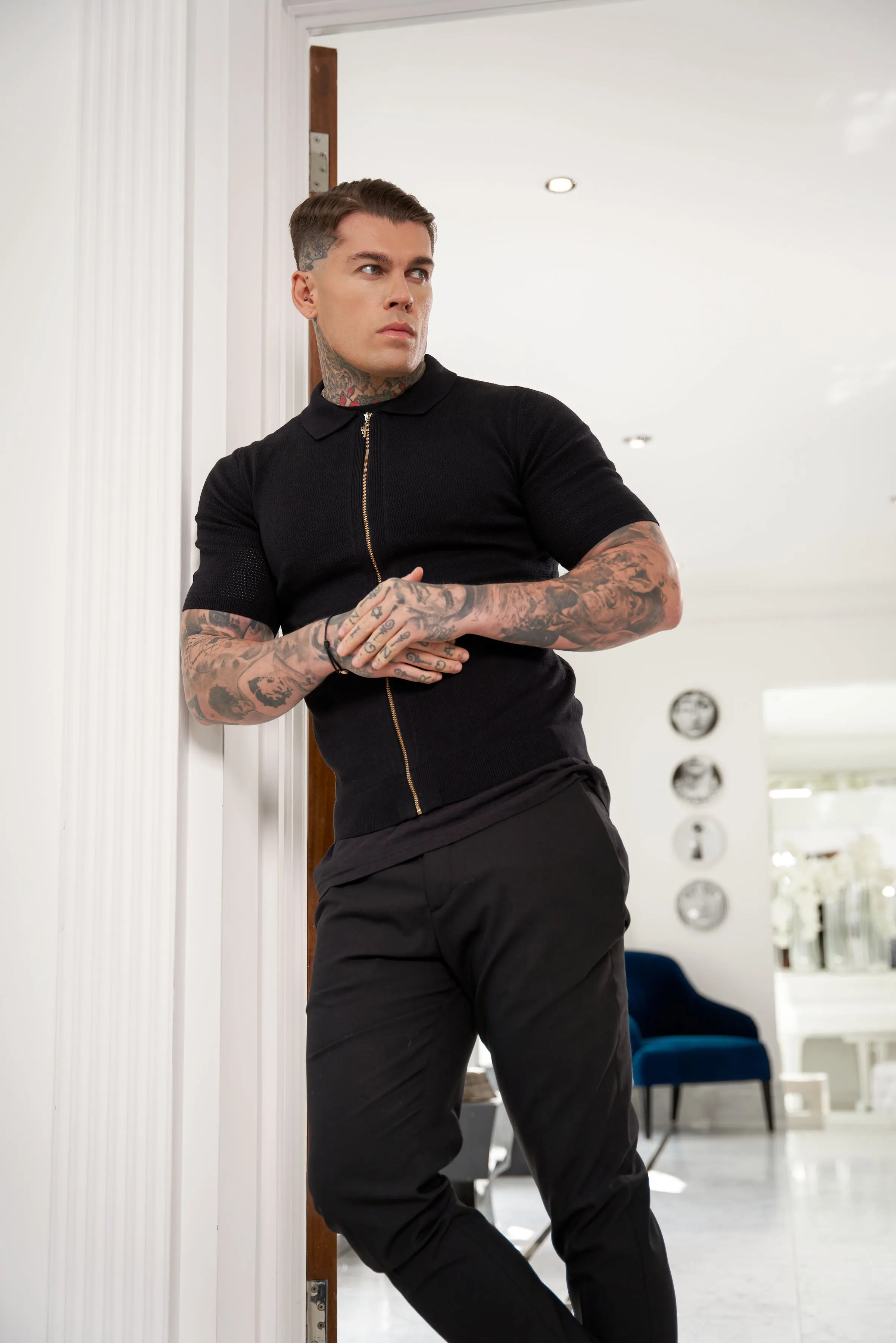 Father Sons Classic Knitted Textured Design With Full Length Zip Black Short Sleeve - FSN151