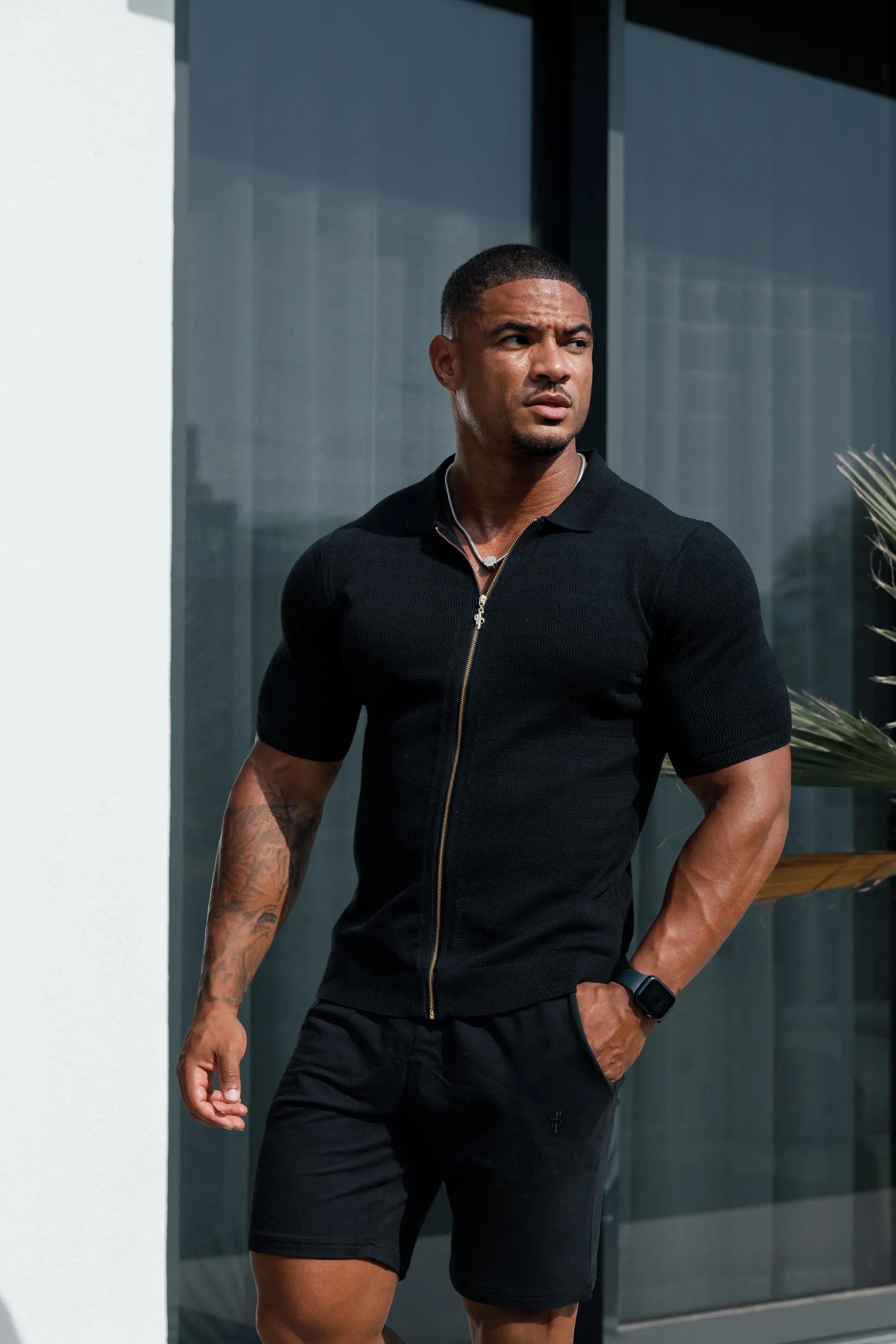 Father Sons Classic Knitted Textured Design With Full Length Zip Black Short Sleeve - FSN151