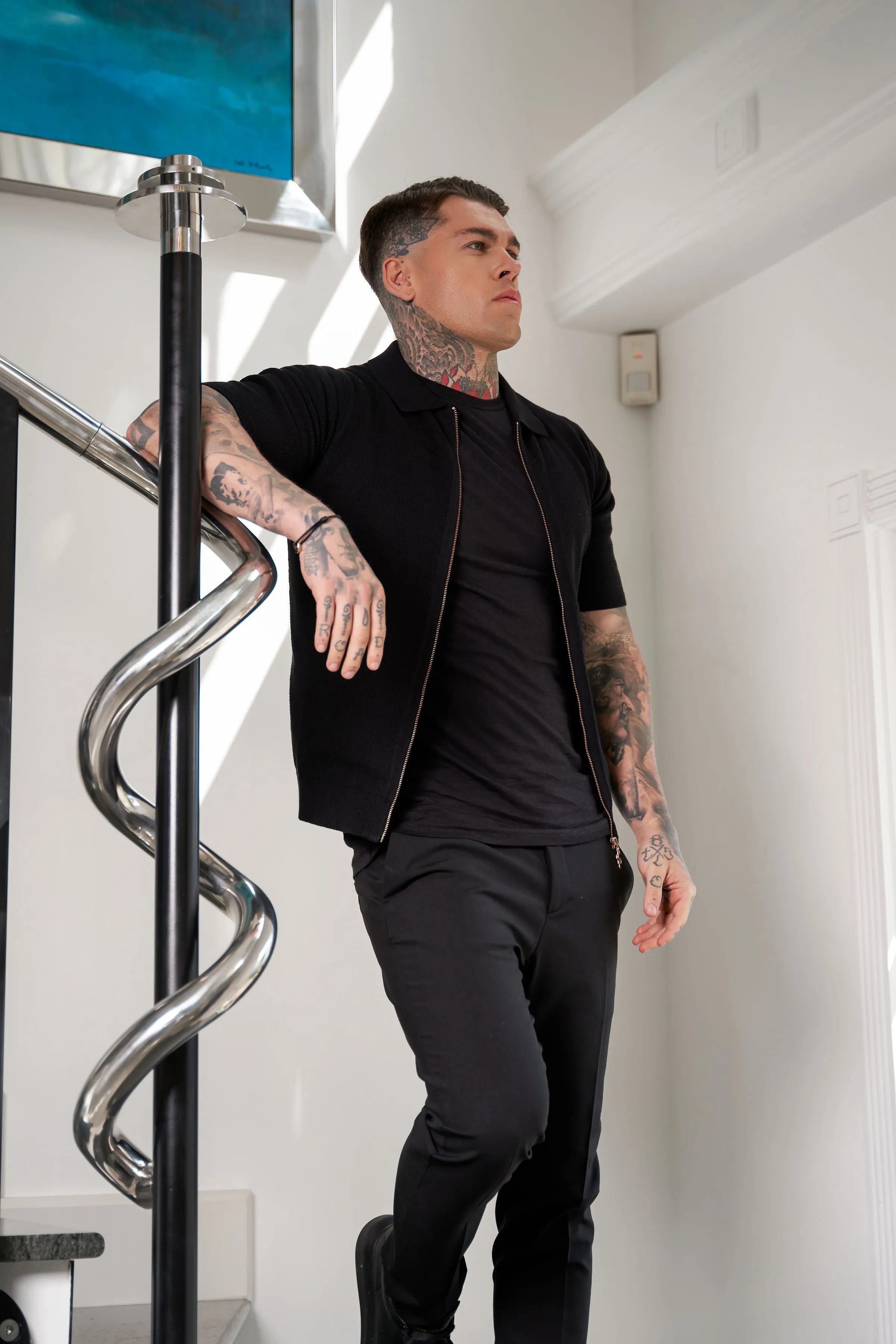 Father Sons Classic Knitted Textured Design With Full Length Zip Black Short Sleeve - FSN151