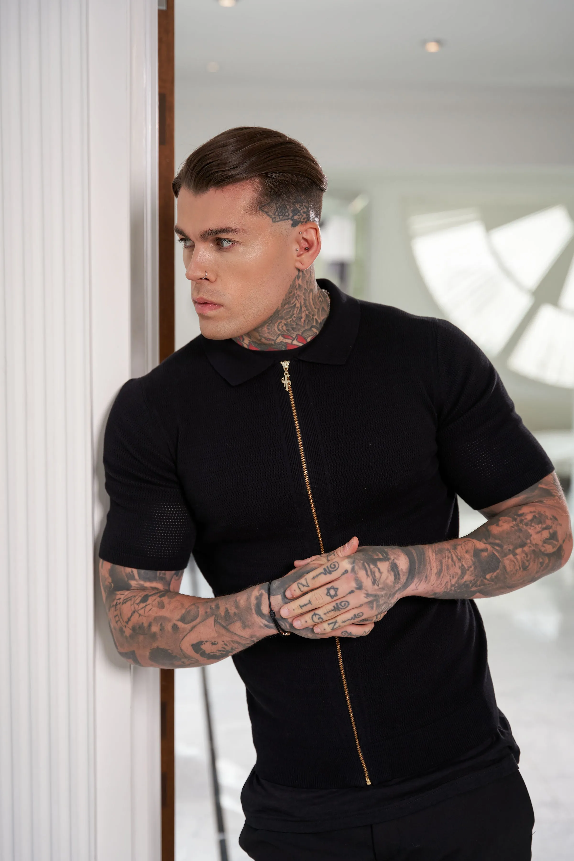 Father Sons Classic Knitted Textured Design With Full Length Zip Black Short Sleeve - FSN151