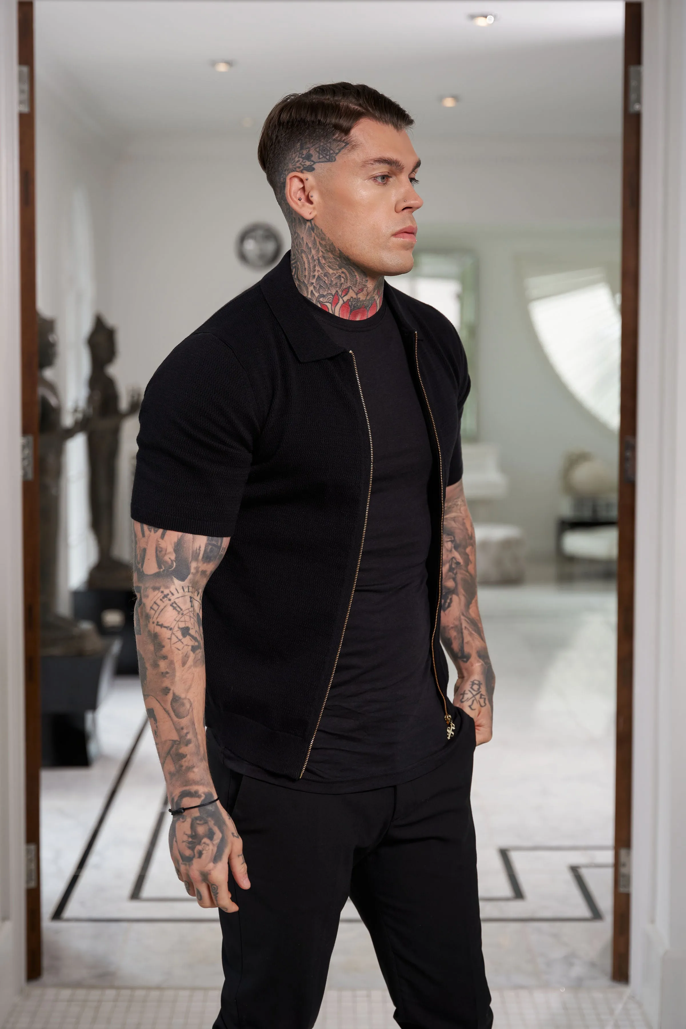 Father Sons Classic Knitted Textured Design With Full Length Zip Black Short Sleeve - FSN151