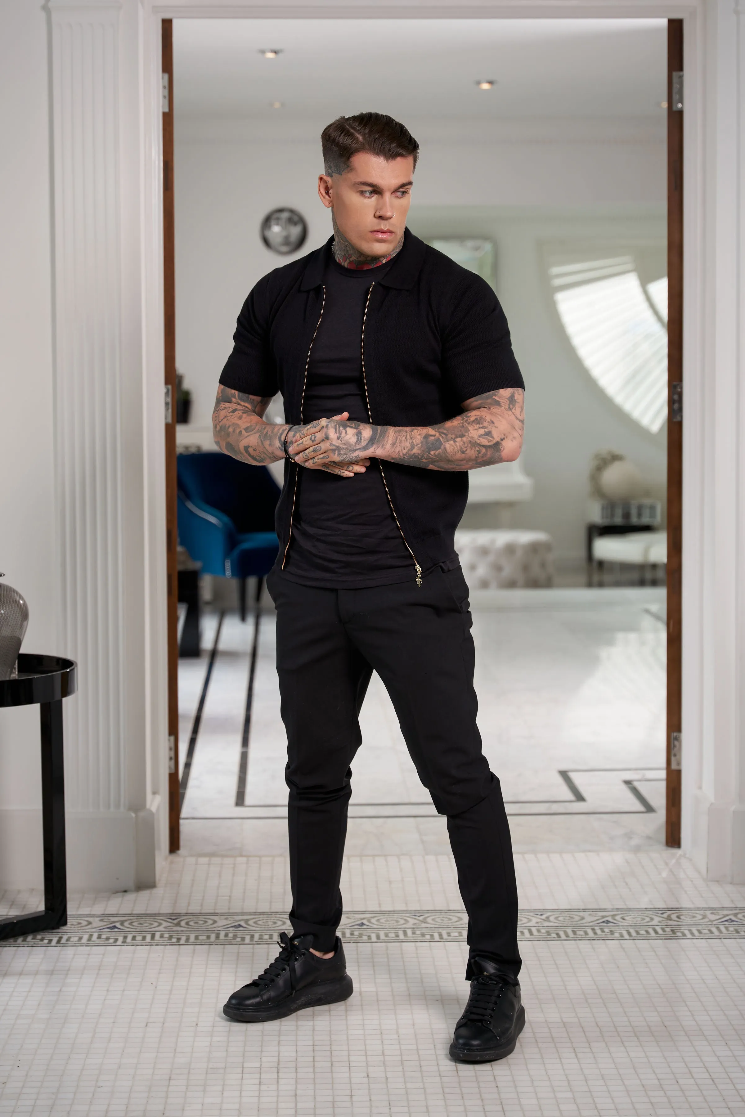 Father Sons Classic Knitted Textured Design With Full Length Zip Black Short Sleeve - FSN151