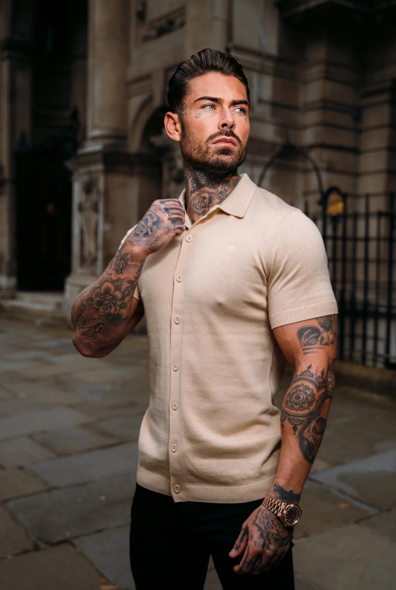 Father Sons Classic Plain Beige Knitted Button Through Polo Short Sleeve - FSN104