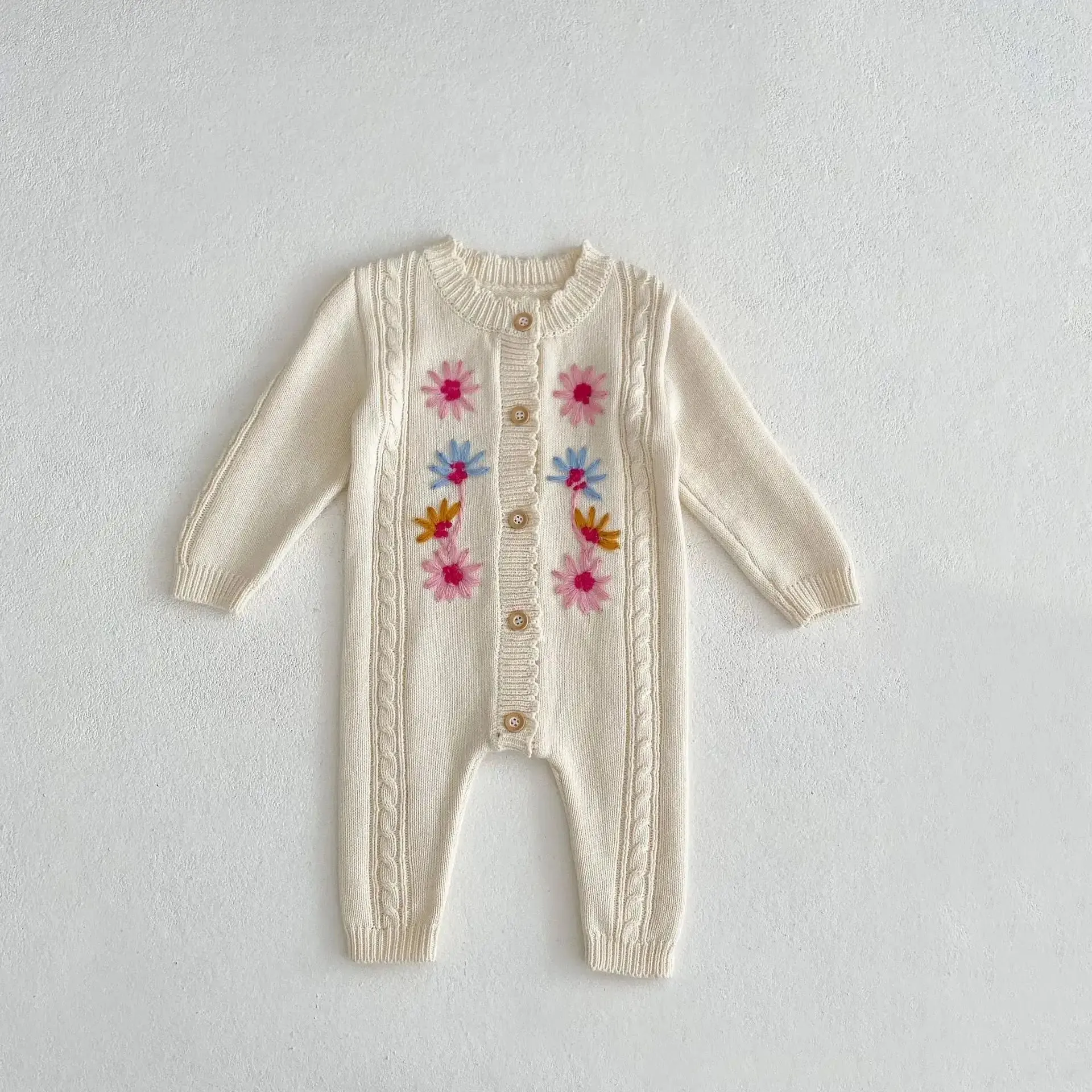 Floral Embroidered Baby Romper in Blue & Apricot - Full Length Knit Sleeve