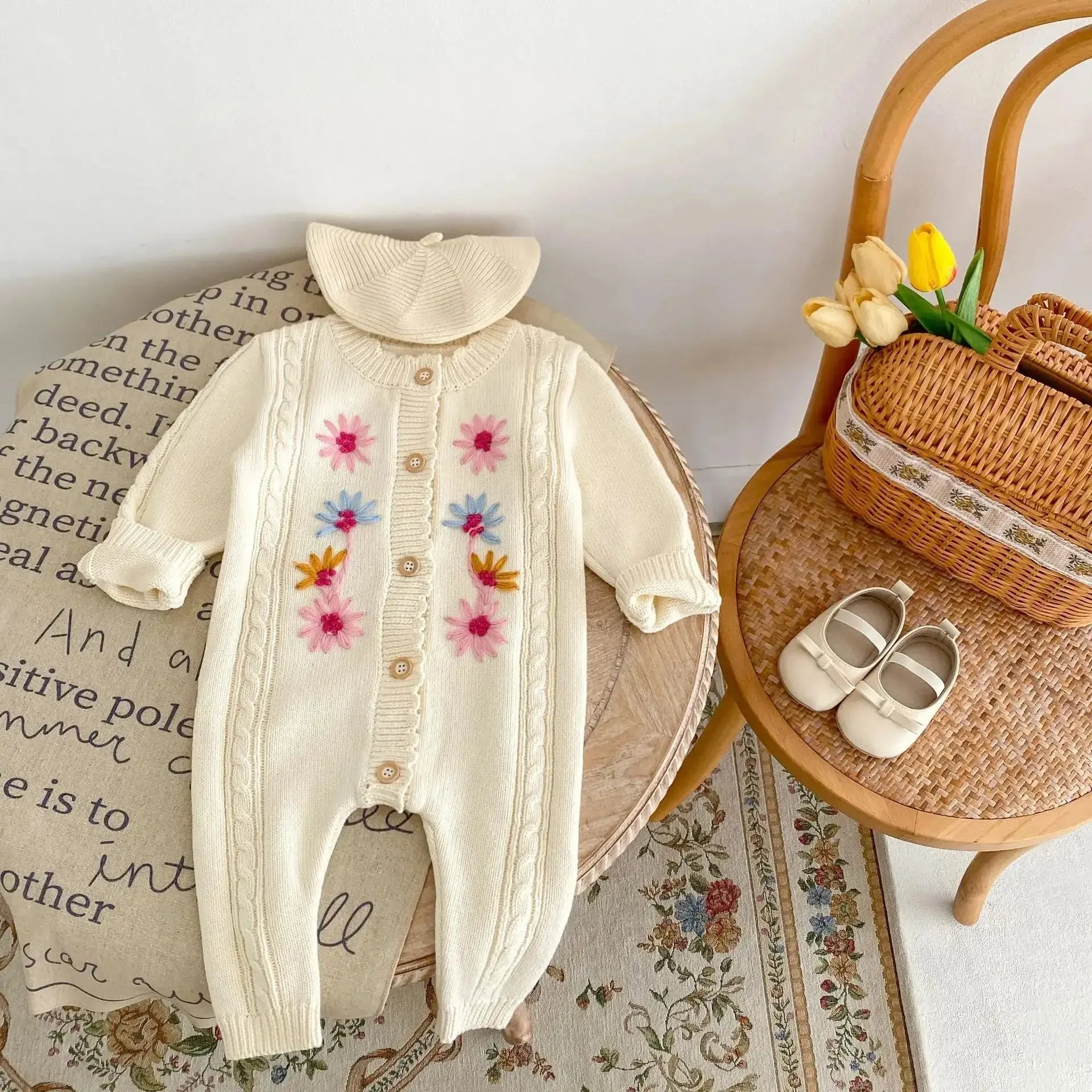 Floral Embroidered Baby Romper in Blue & Apricot - Full Length Knit Sleeve