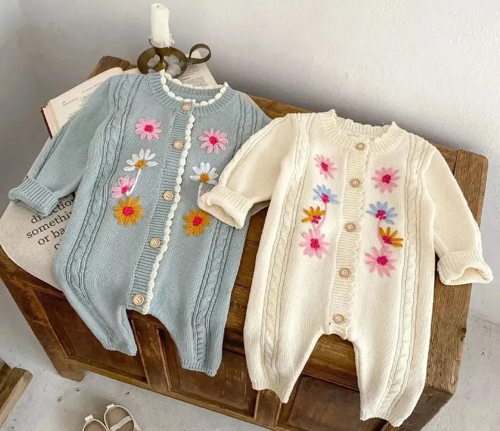 Floral Embroidered Baby Romper in Blue & Apricot - Full Length Knit Sleeve