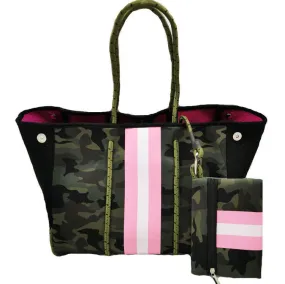 Green Camo w/ Pink & White Stripe Neoprene Tote bag