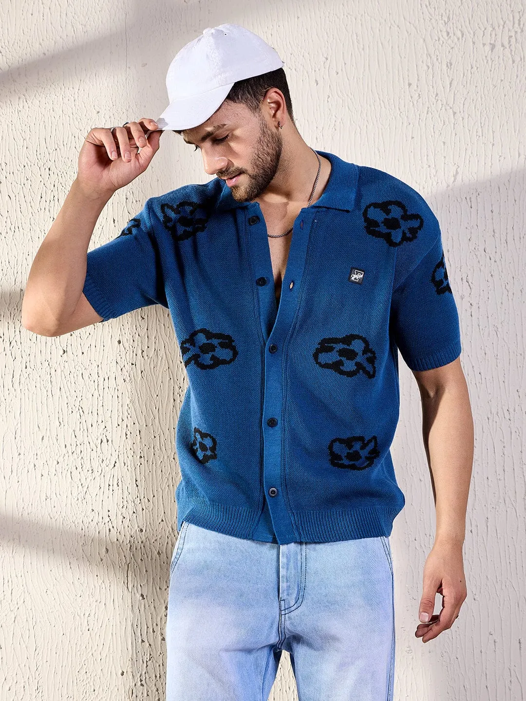 Navy Floral Knitted Shirt