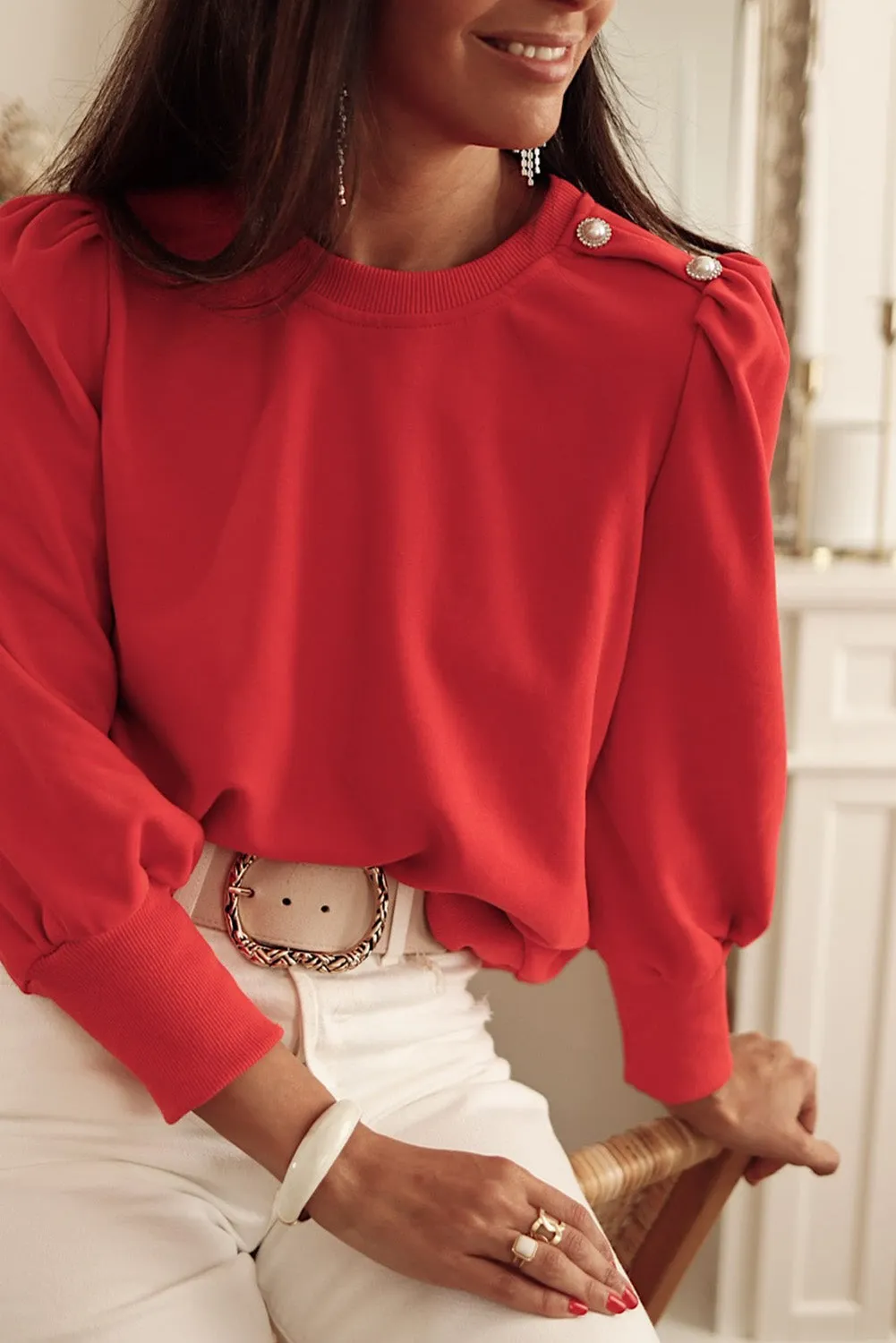 Rose Tan Button Tab Detail Long Sleeve Top