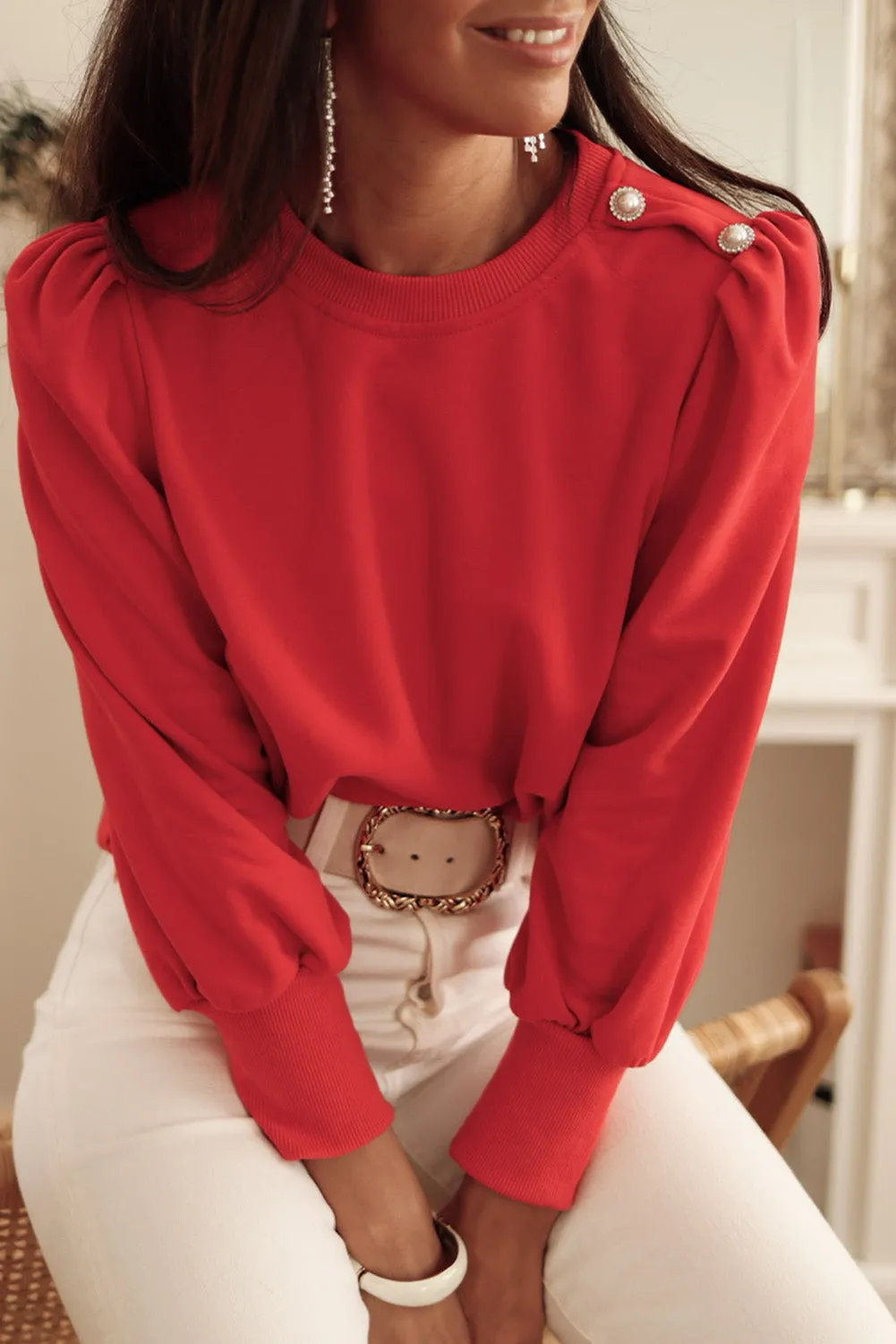 Rose Tan Button Tab Detail Long Sleeve Top