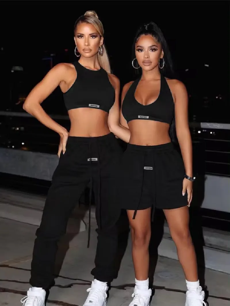 Sporty Two Piece Set Girl Halter Crop Tops Drawstring Sweatpants Slim Activewear Casual Gym Workout Fitness Womens Outfits