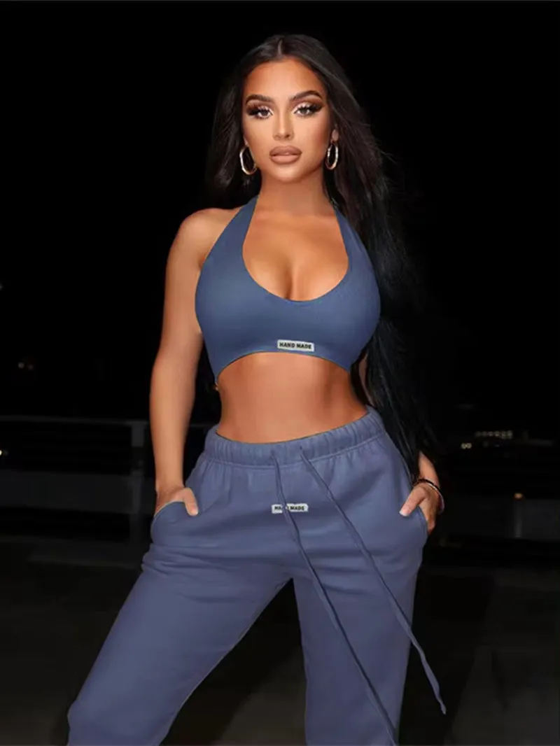 Sporty Two Piece Set Girl Halter Crop Tops Drawstring Sweatpants Slim Activewear Casual Gym Workout Fitness Womens Outfits