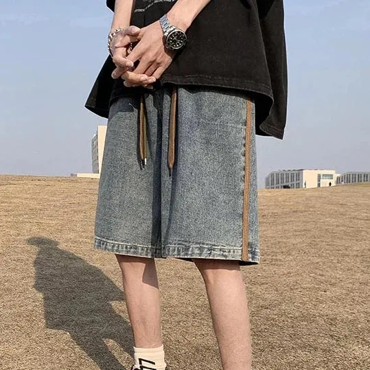 Threebooy  Side Striped Denim Shorts Men Wide Leg Baggy Drawstring Mid-waist Summer Fitness Handsome Slouchy Knee Length Japanese Style